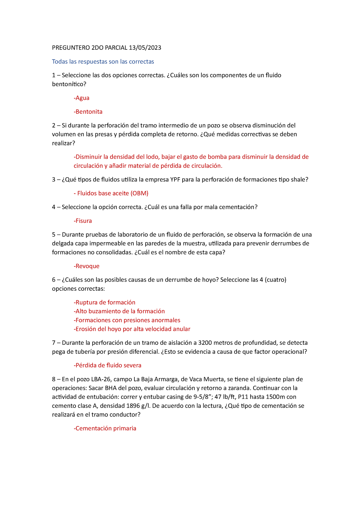 Preguntero 2DO Parcial Perforacion 13 MAYO 2023 - PREGUNTERO 2DO ...