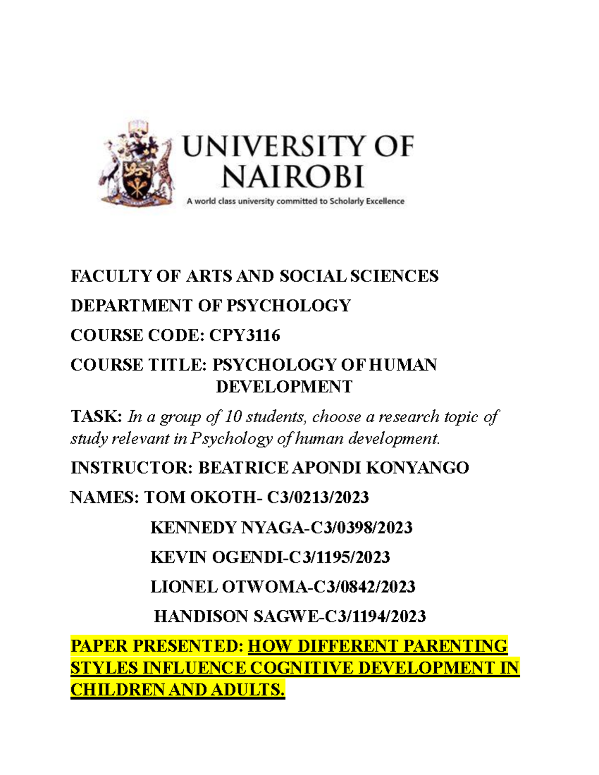 Cognitive Development - FACULTY OF ARTS AND SOCIAL SCIENCES DEPARTMENT ...