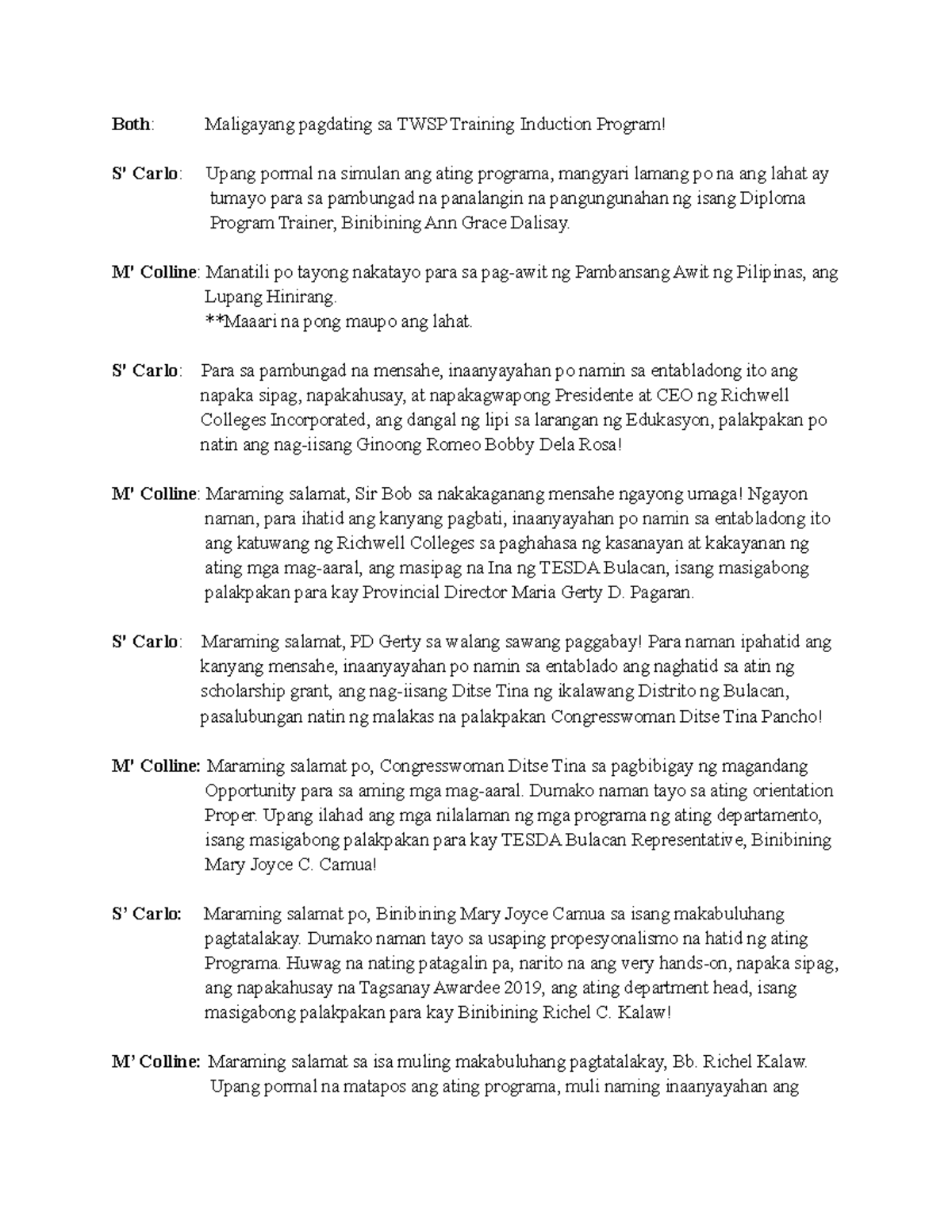 Training Induction Program Script - Both : Maligayang pagdating sa TWSP ...