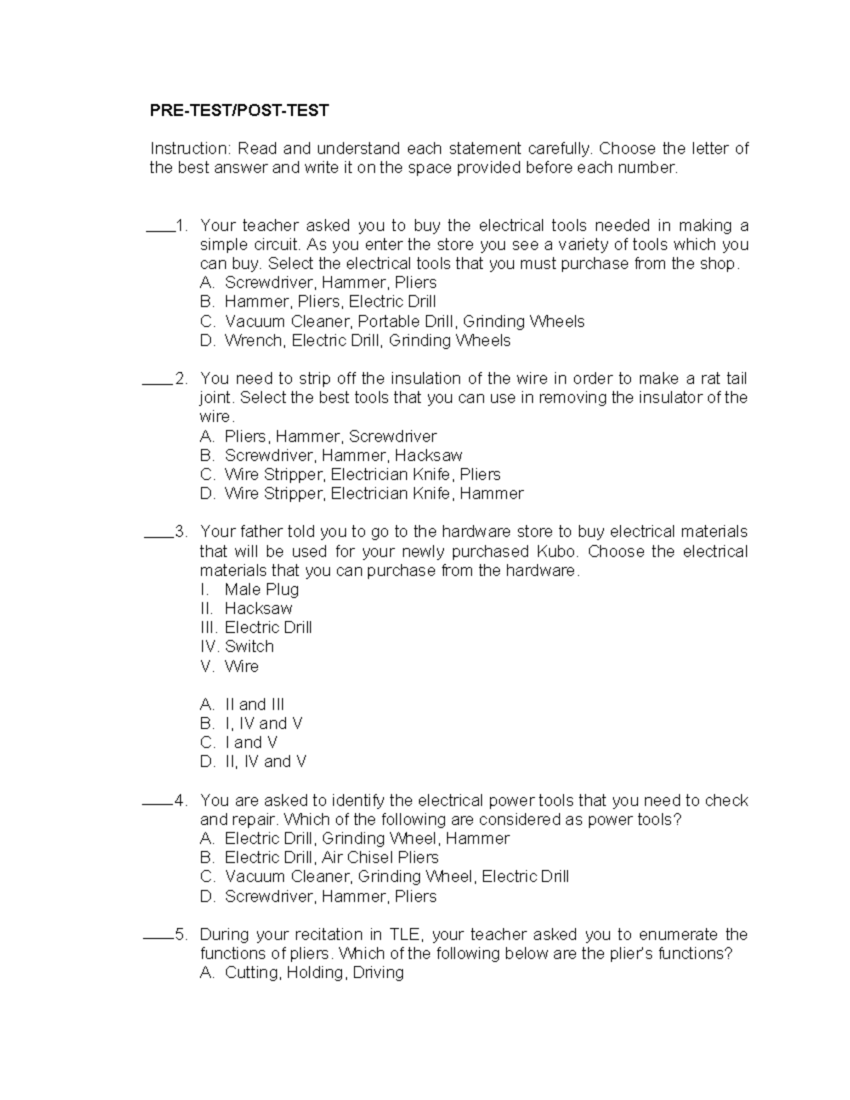 Pretest- Posttest - PRE-TEST/POST-TEST Instruction: Read and understand ...