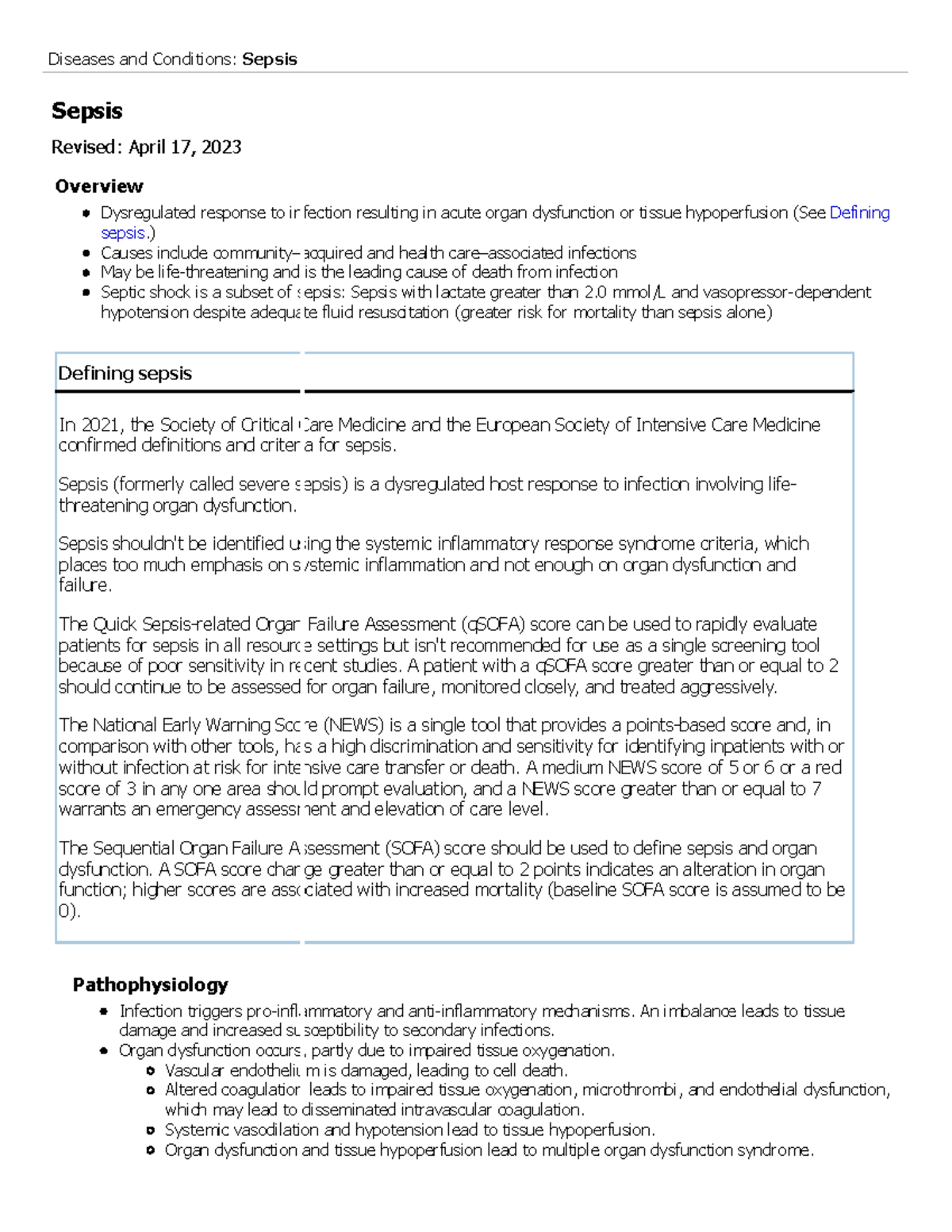 Sepsis - Diseases and Conditions: Sepsis Sepsis Revised: April 17, 2023 ...