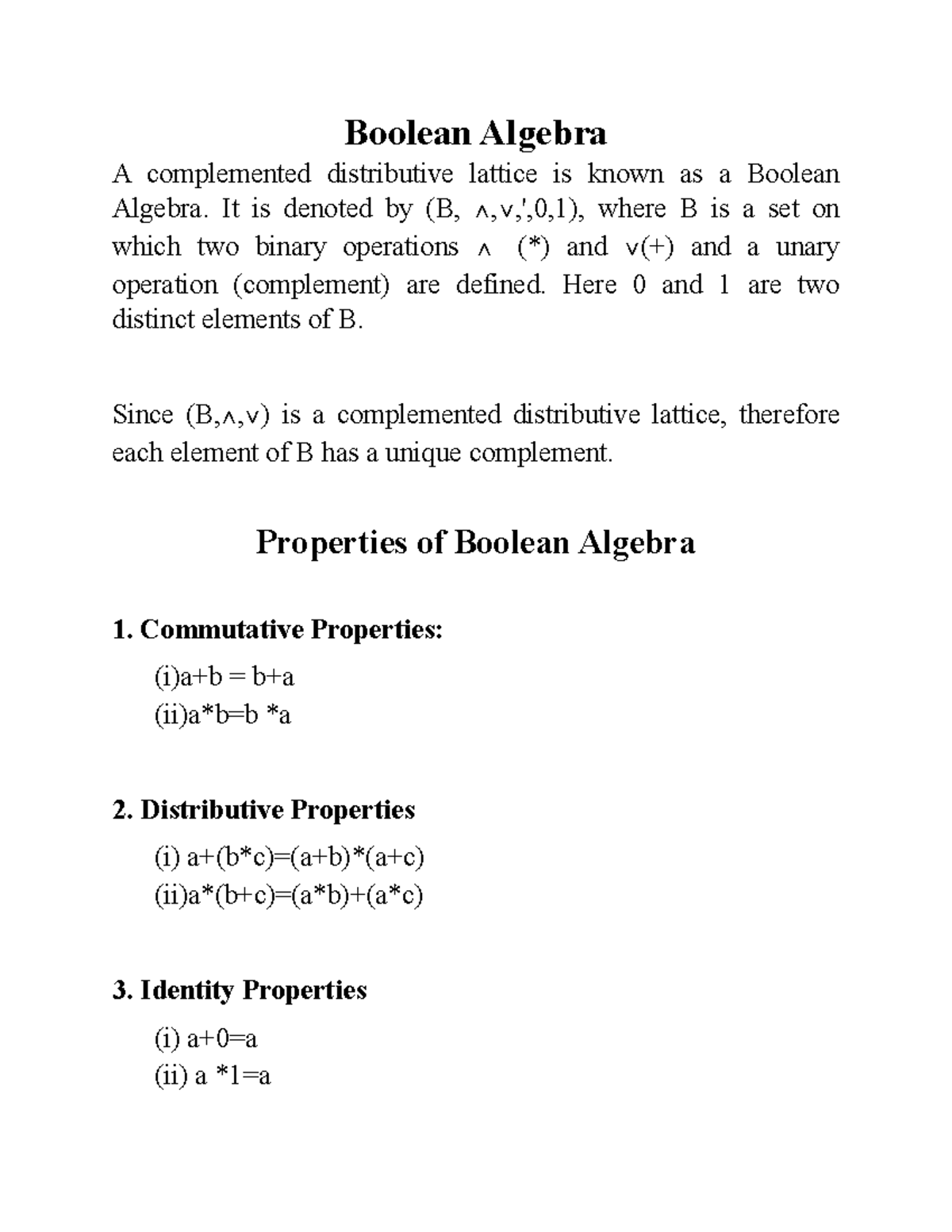 Boolean Algebra - Notes - Boolean Algebra A complemented distributive ...