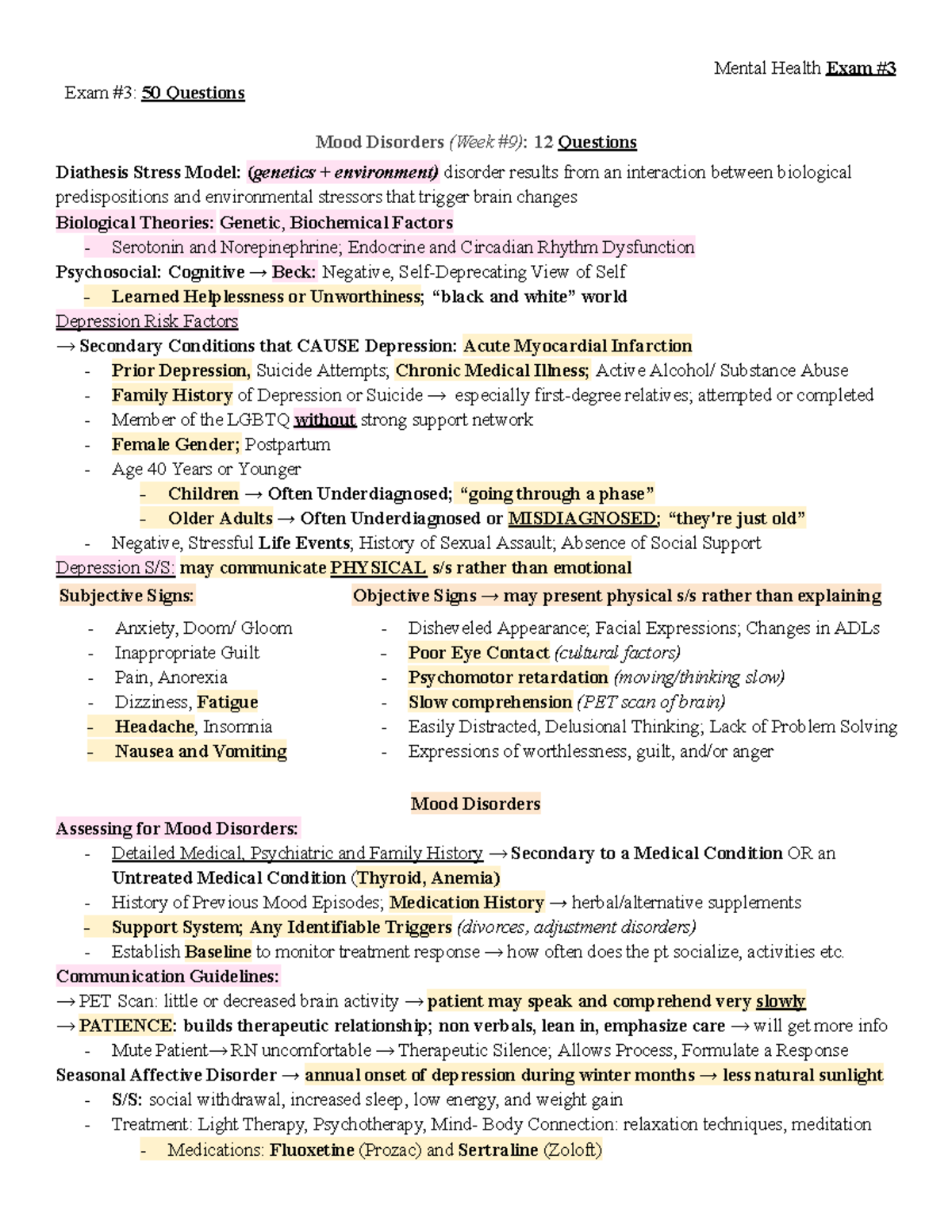 NUR 240 Exam #3 Study Guide - Exam #3: 50 Questions Mood Disorders ...