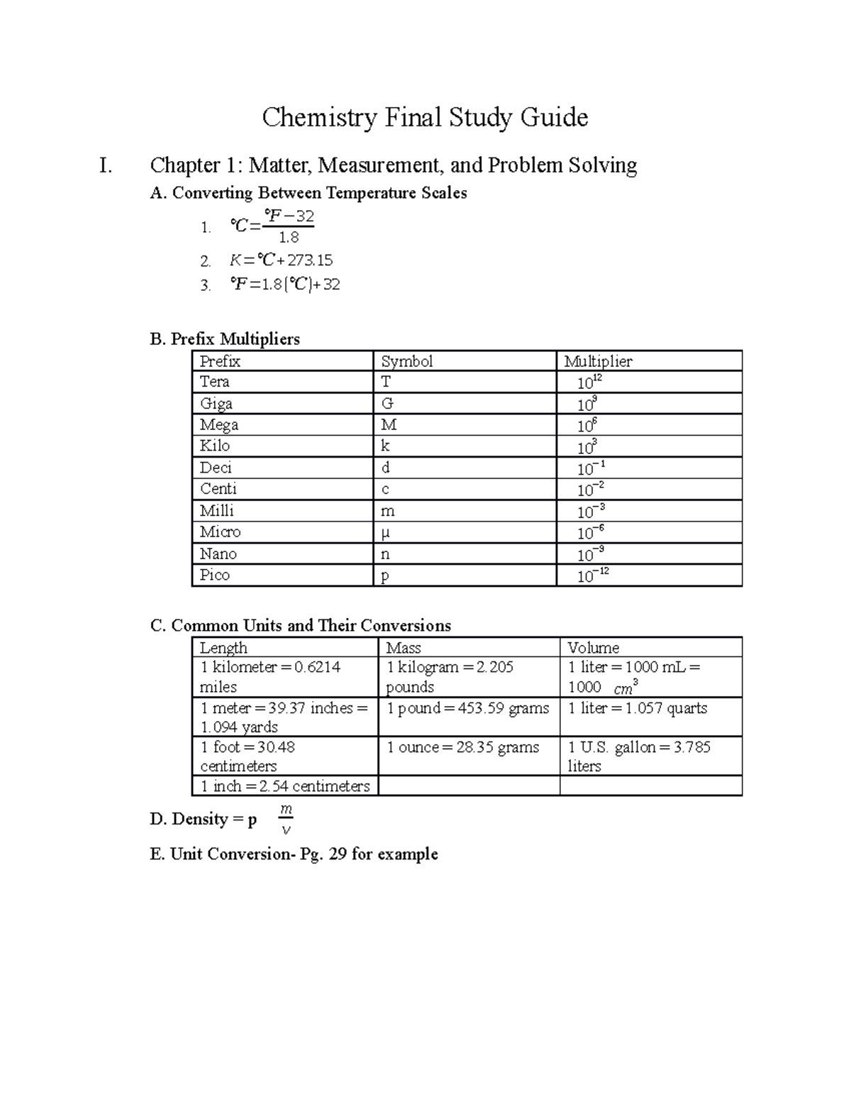 Chemistry Final Study Guide - Chapter 1: Matter, Measurement, and ...