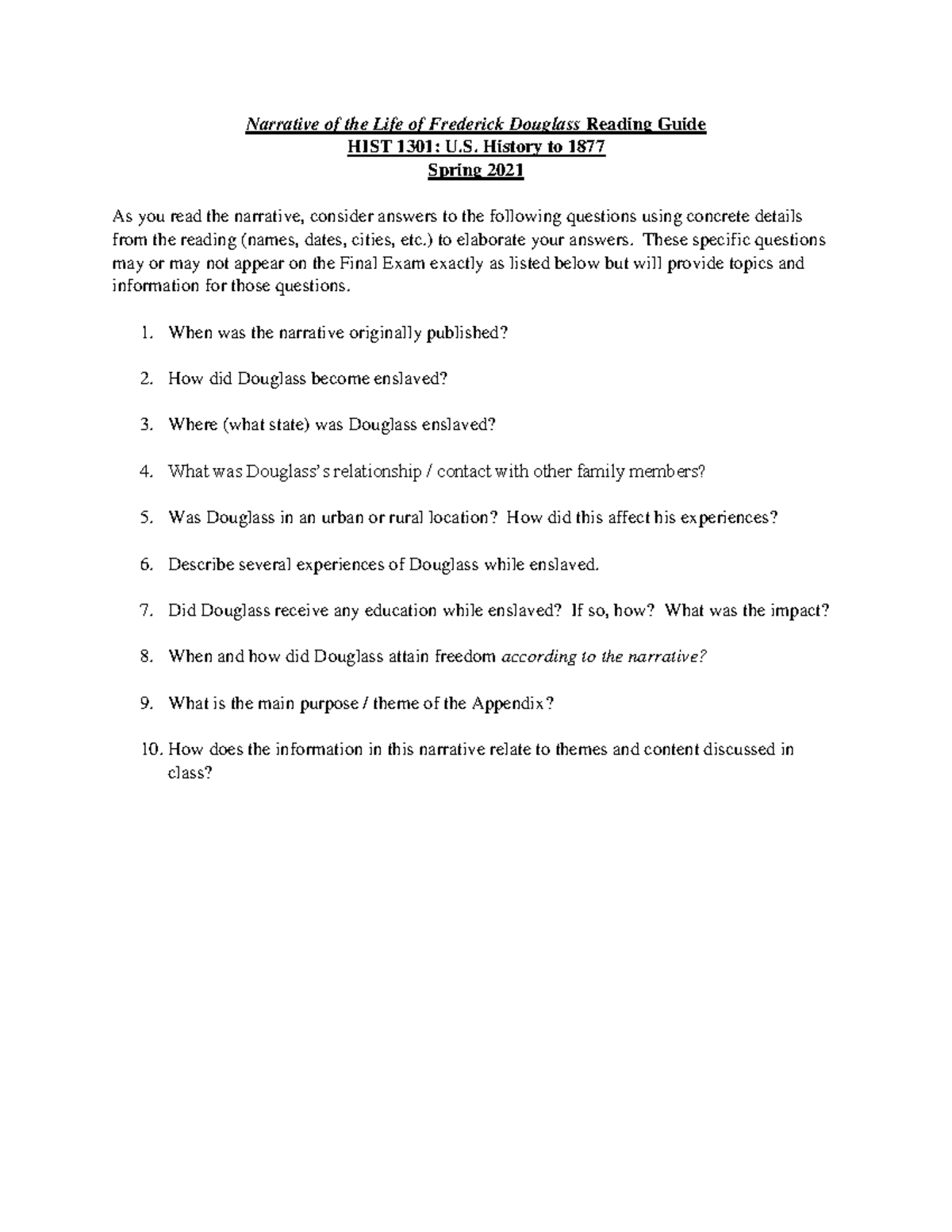 Narrative of the Life of Frederick Douglass Reading Guide - History to ...