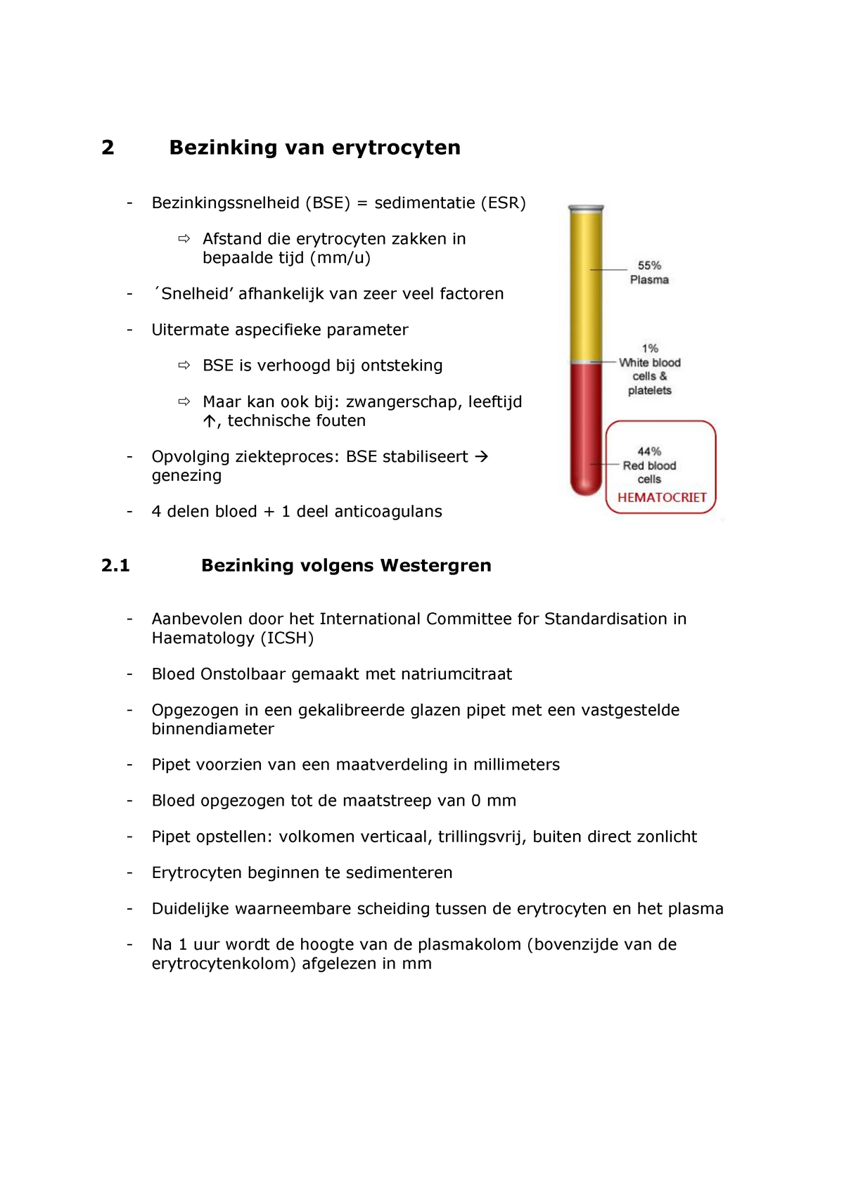 H2 - Bezinking Van Erytrocyten - 2 Bezinking Van Erytrocyten  Bezinkingssnelheid (Bse) = Sedimentatie - Studocu