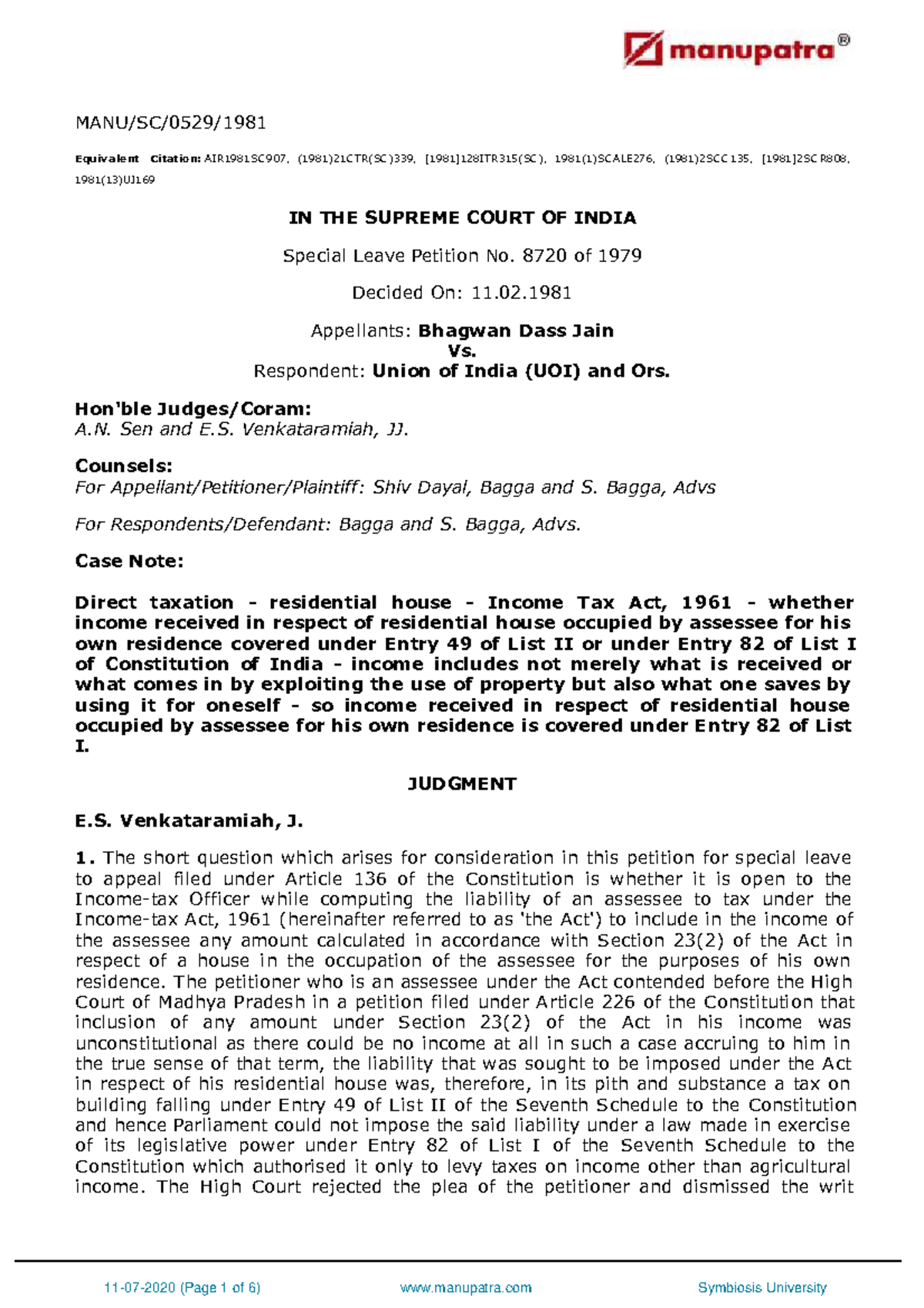 Bhagwan Dass Jain vs Union of India UOI and Ors MANU/SC/0529