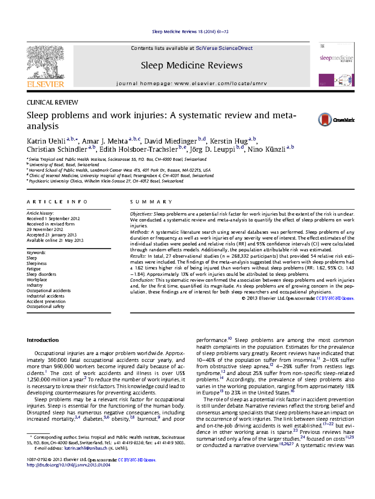 Sleep problems and work injuries. A systematic review and meta ...