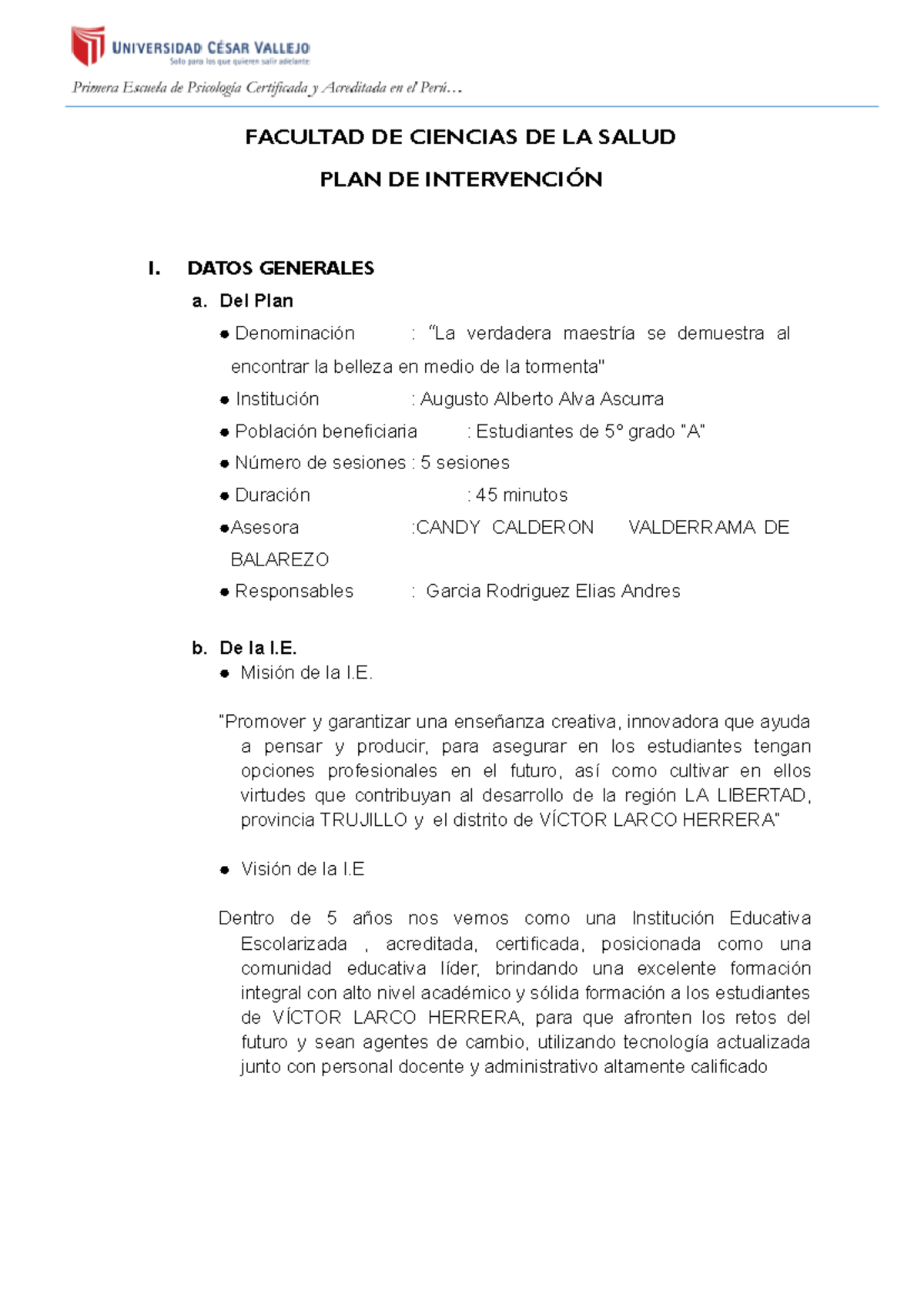 Informe Final DE PLAN DE Intervencion Psicopedagogica - FACULTAD DE ...
