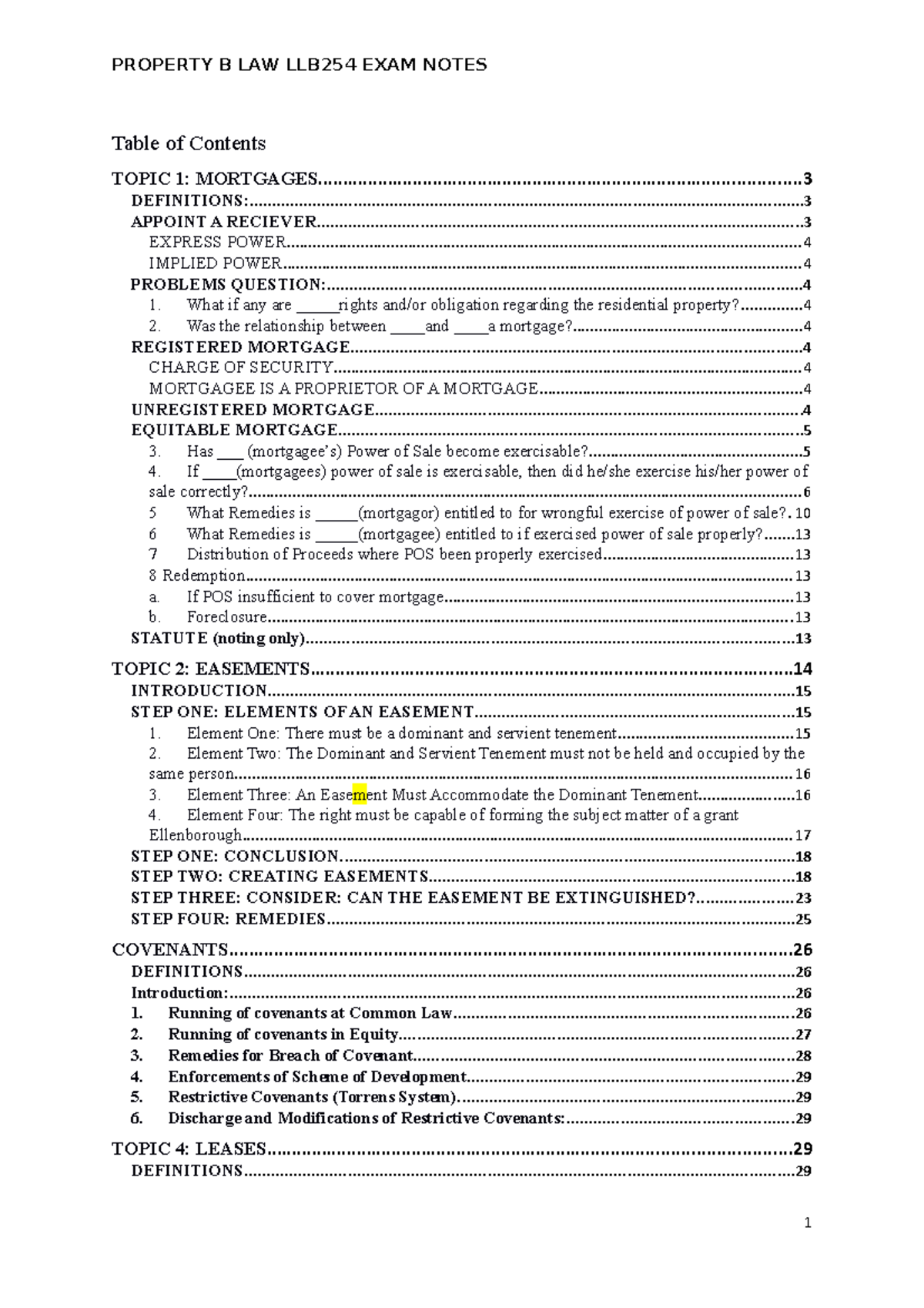 Property LAW B EXAM Notes 2018 - PROPERTY B LAW LLB254 EXAM NOTES Table ...