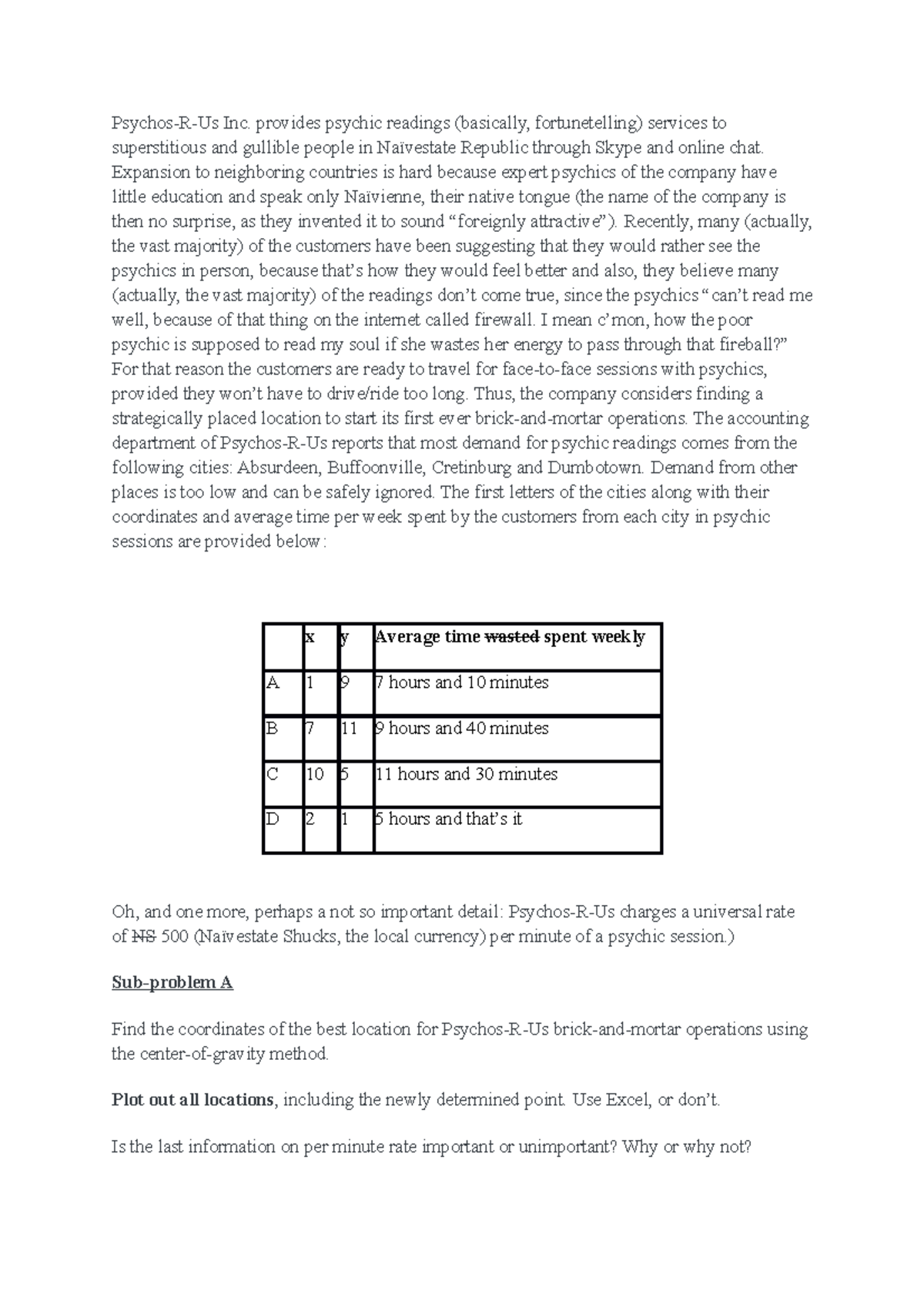 Extra Assignment #3 - nseklnc - Psychos-R-Us Inc. provides psychic ...
