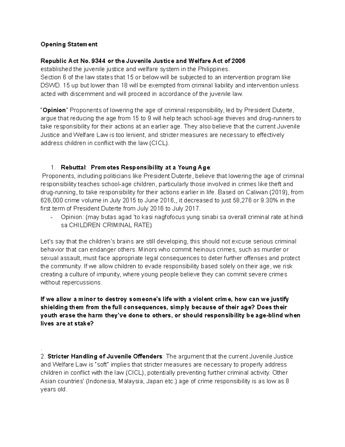 Debate Script 2 Pros Opening Statement Republic Act No. 9344 or the Juvenile Justice and