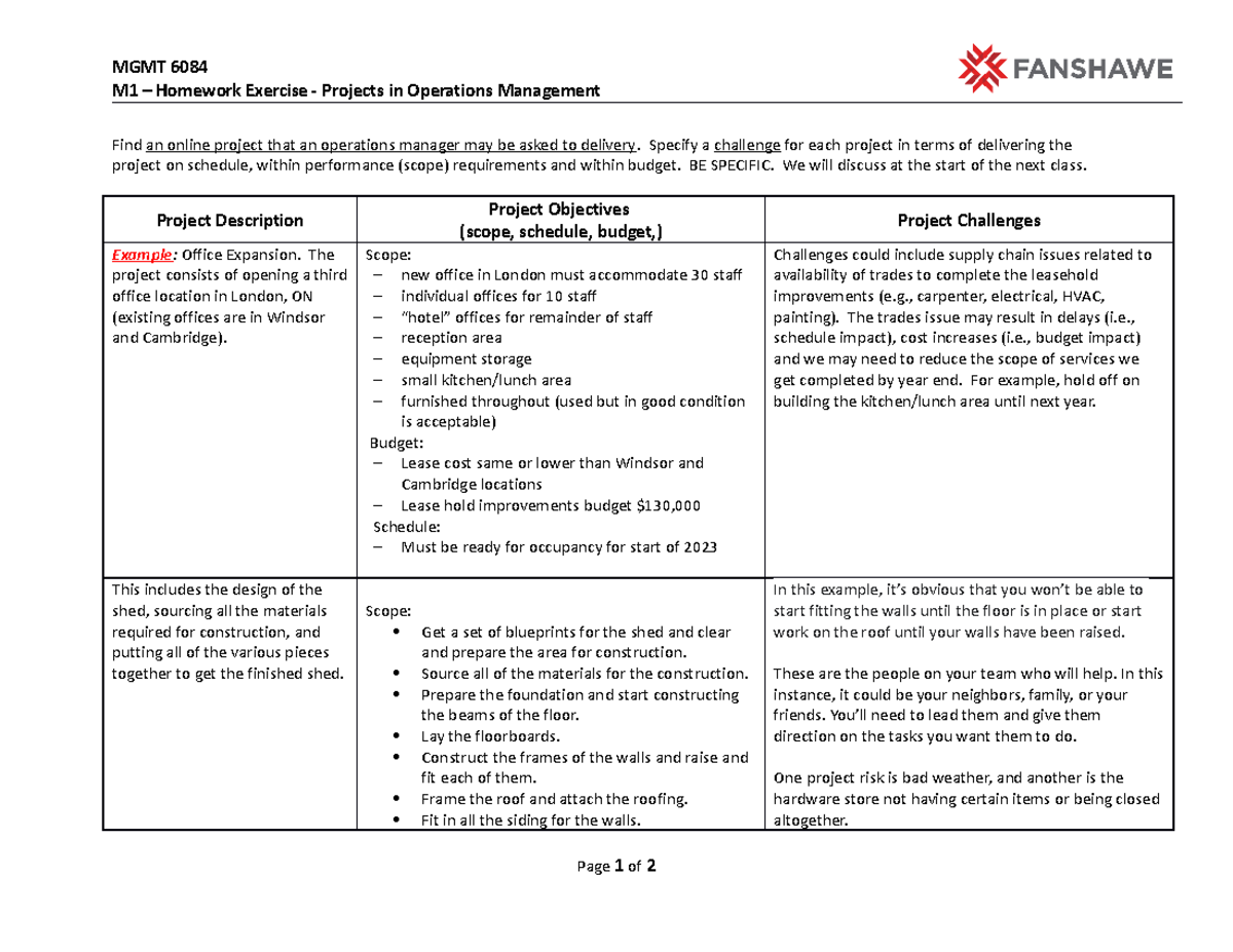 M1 - Homework Exercise - Projects in Operations Management - MGMT 6084 ...