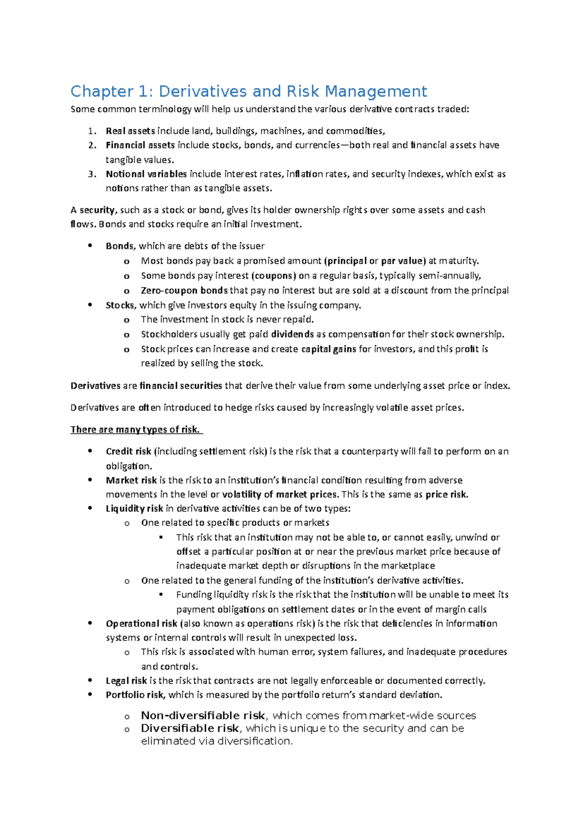 Summary - Chapter 1: Derivatives and Risk Management Some common ...
