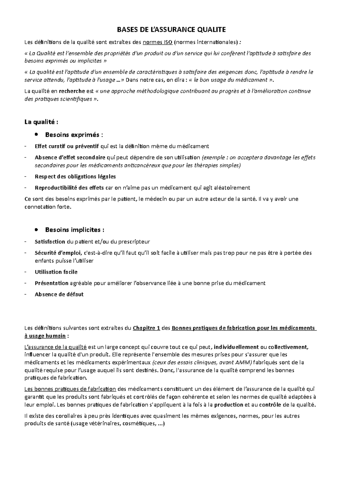 07 - Bases De L'assurance Qualité - BASES DE L’ASSURANCE QUALITE Les ...