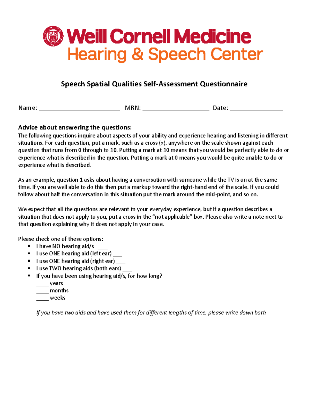 Speech spatial qualities self assessment - Name ...