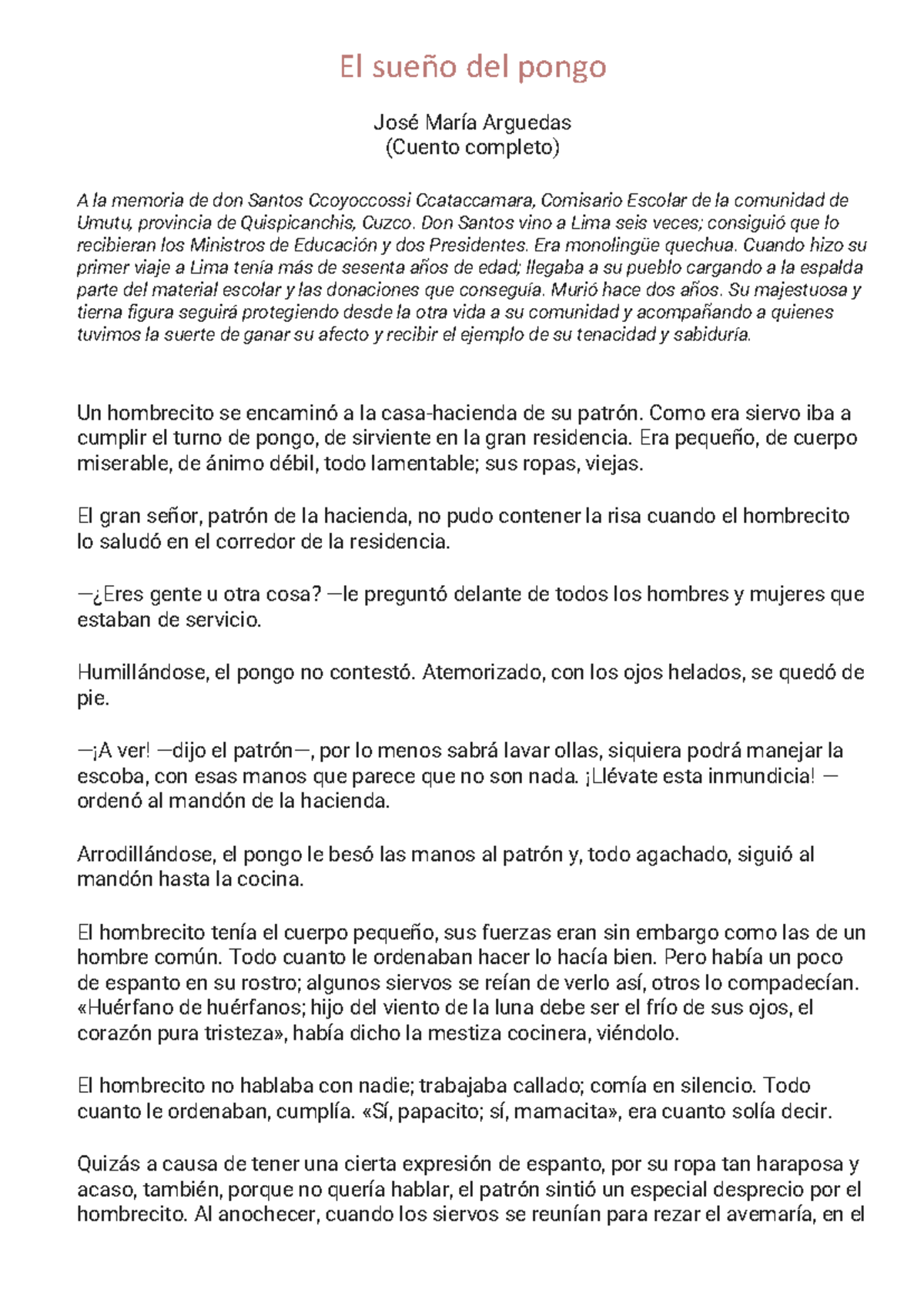 El sueño del pongo - El sueño del pongo José María Arguedas (Cuento
