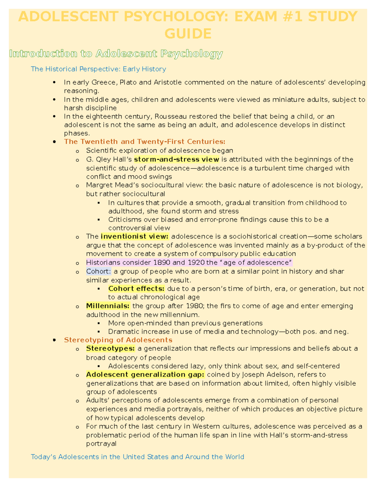 Midterm Study Guide - ADOLESCENT PSYCHOLOGY: EXAM #1 STUDY GUIDE ...