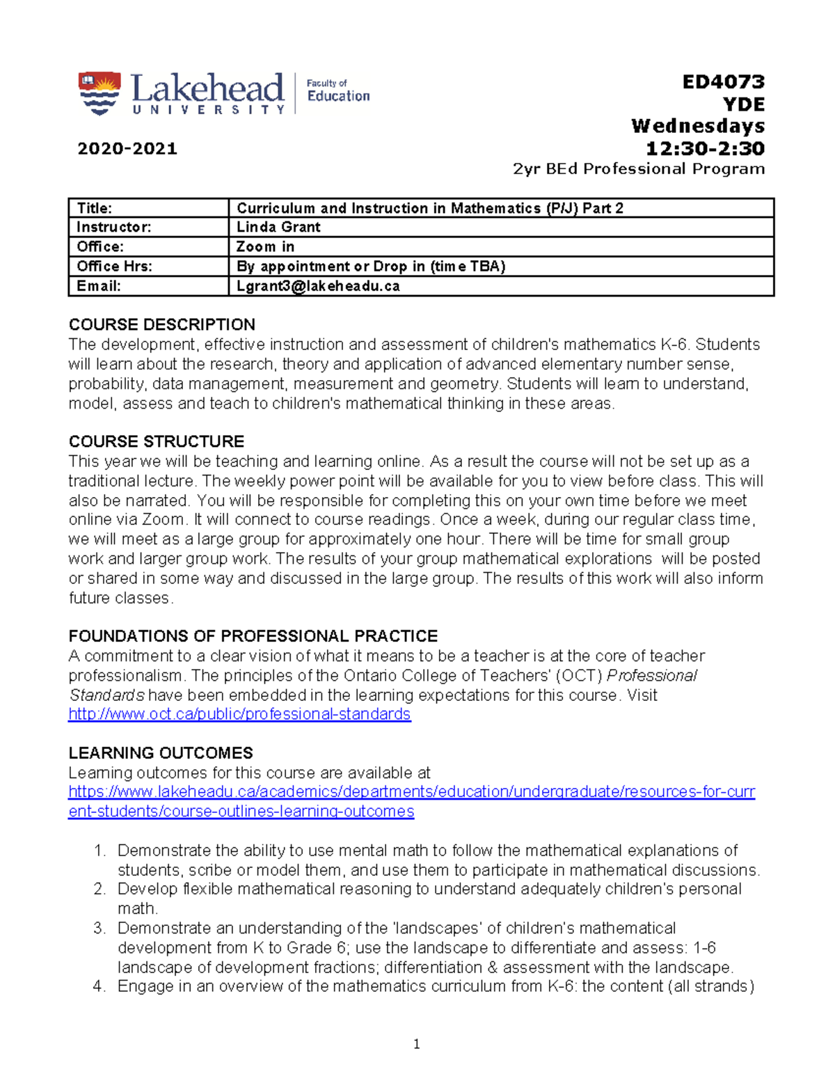 YDE EDUC 4073 2020 2021.docx - ED YDE Wednesdays 12:30-2: 2yr BEd ...