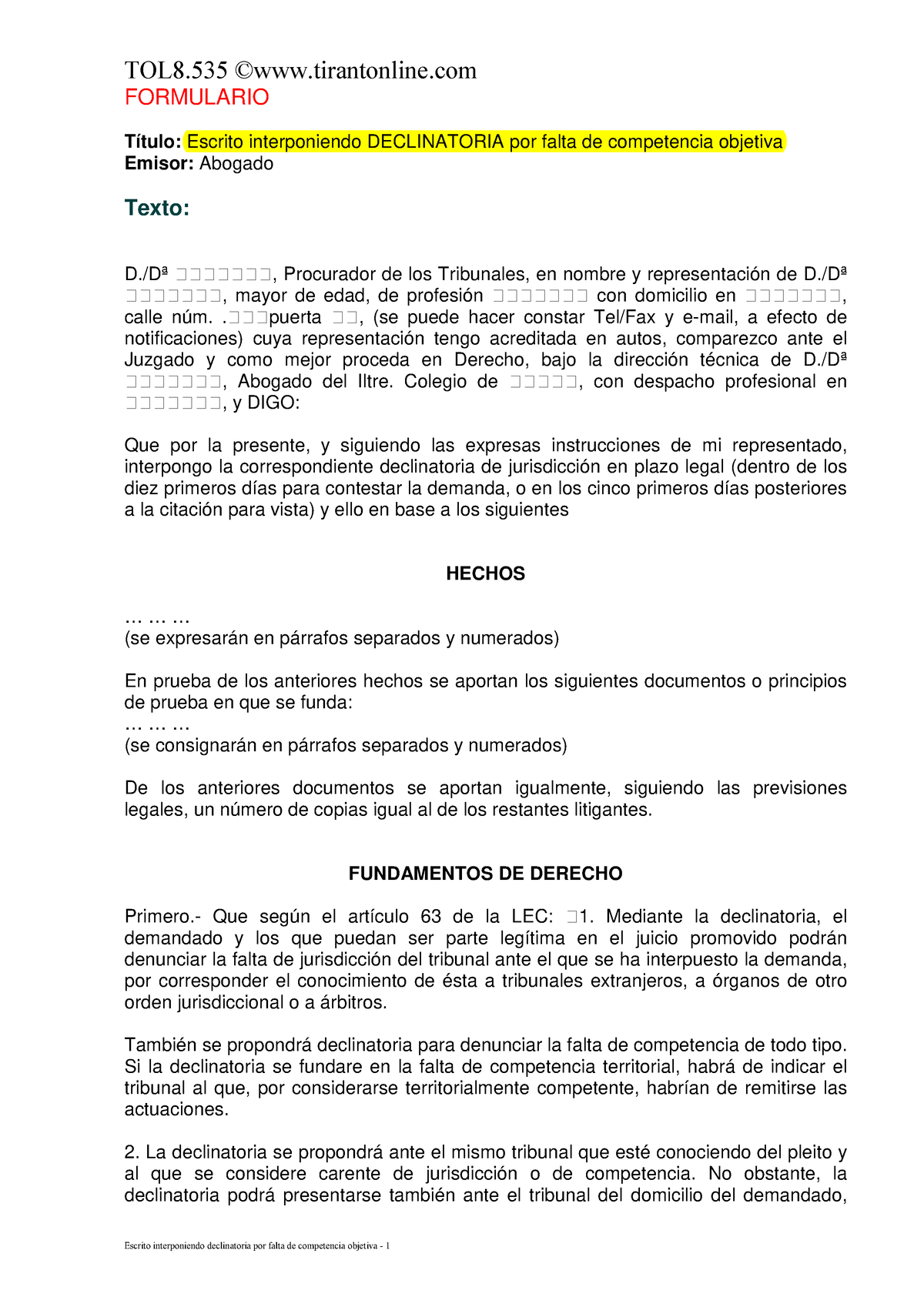 Escrito interponiendo Declinatoria por Falta DE Competencia Objetiva - -  Studocu