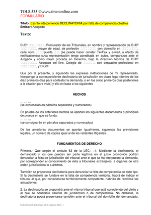 Escrito interponiendo Declinatoria por Falta DE Competencia Objetiva - -  Studocu