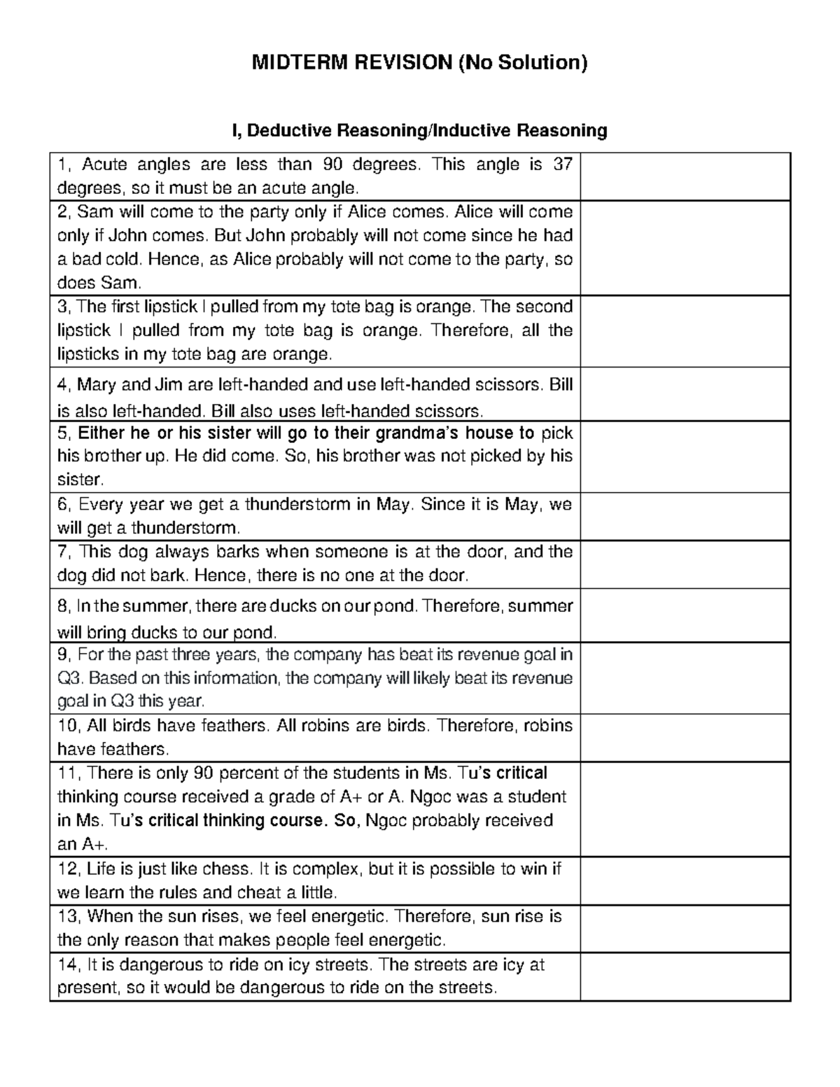 Midterm Revision Critical Thinking - No Key - MIDTERM REVISION (No ...
