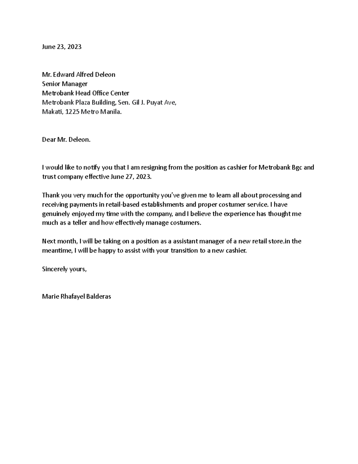 Resignation-letter - FORM RESIGNATION - June 23, 2023 Mr. Edward Alfred ...