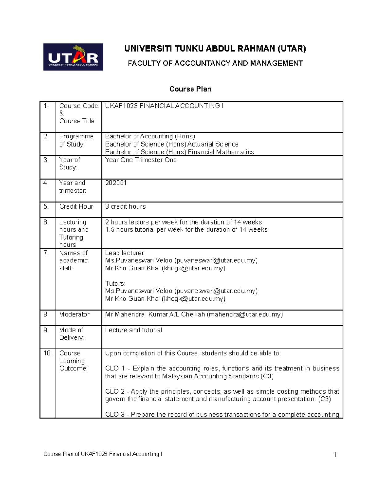 UKAF1023 Course Plan-Jan 2020 upload - term UNIVERSITI TUNKU ABDUL ...