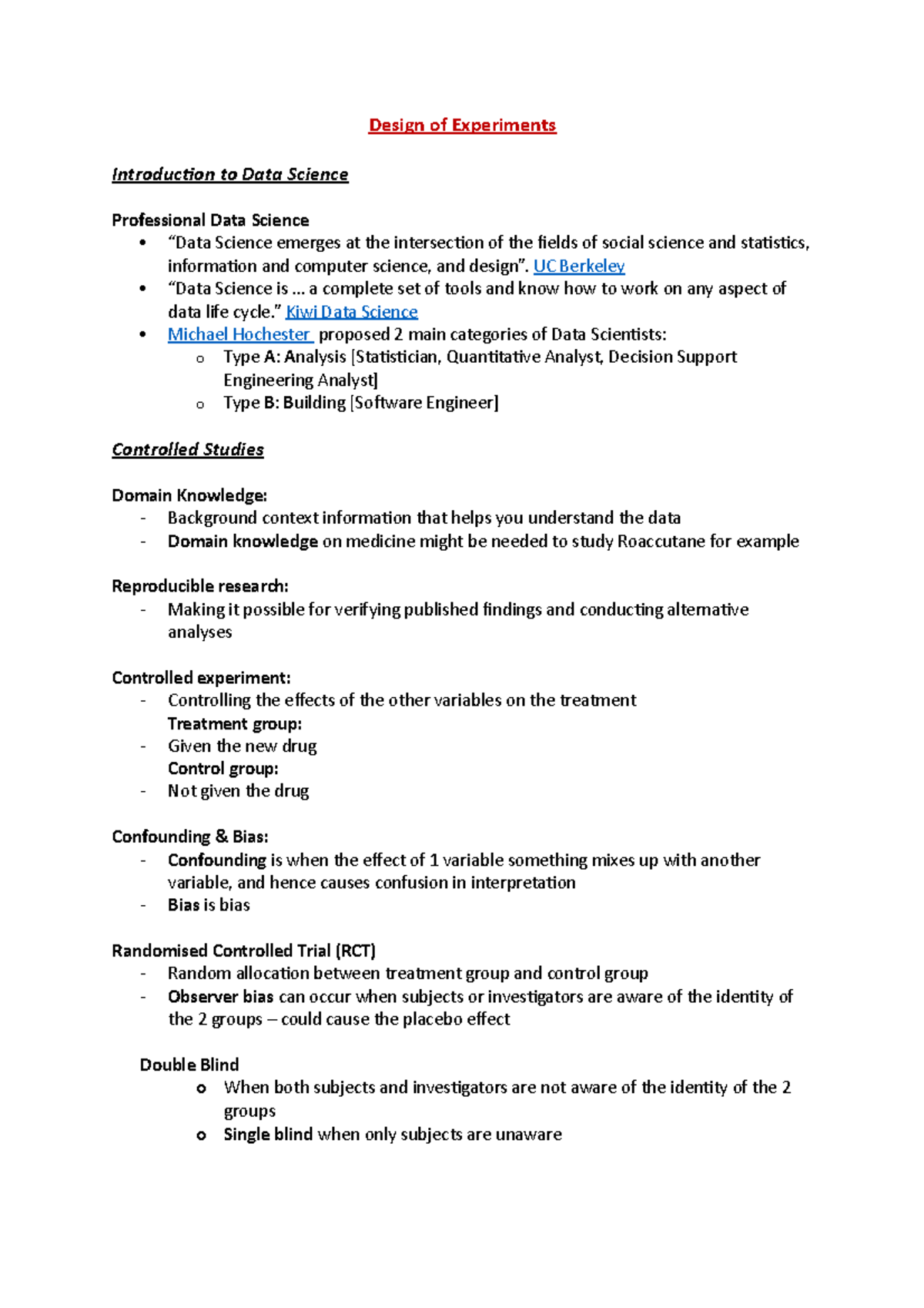 DATA1001 Notes - Design of Experiments Introduction to Data Science ...