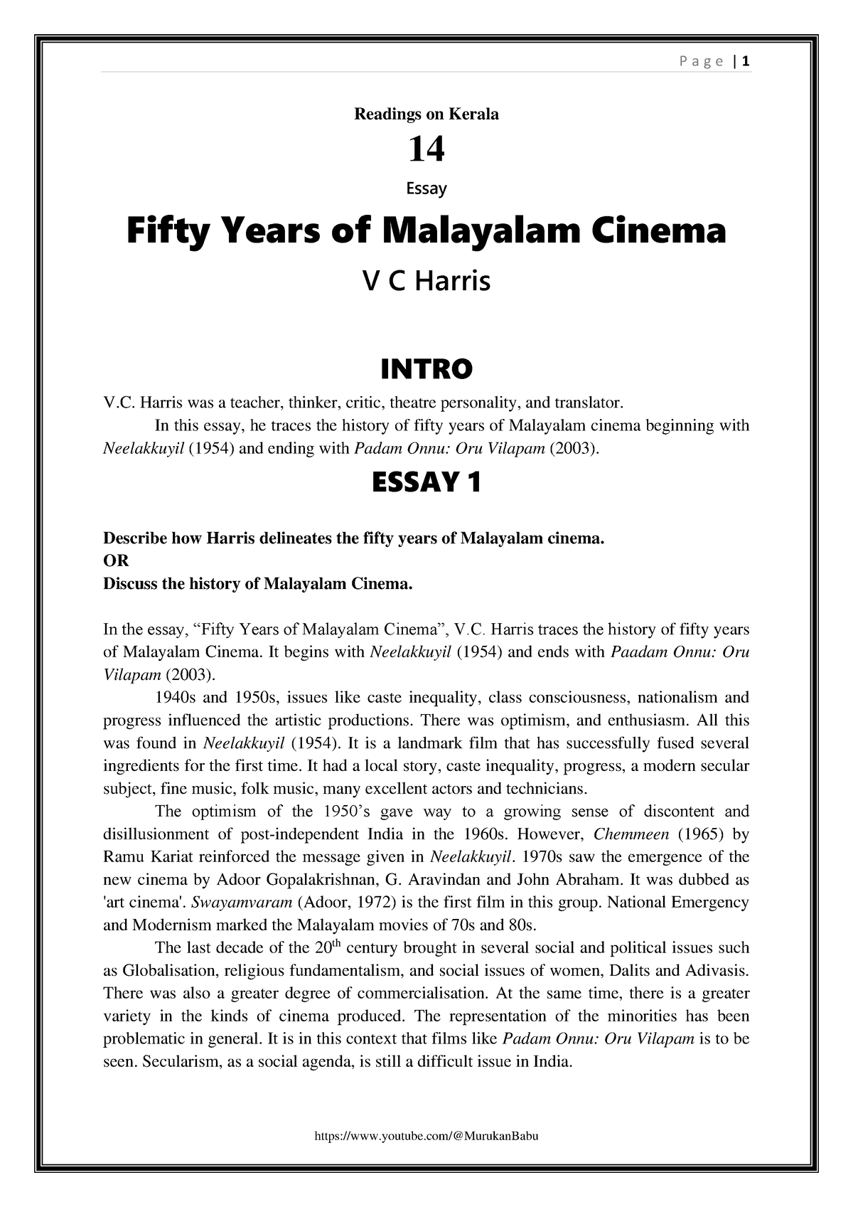 Fifty Years Of Malayalam Cinema Complete Notes - P A G E | 1 Youtube ...