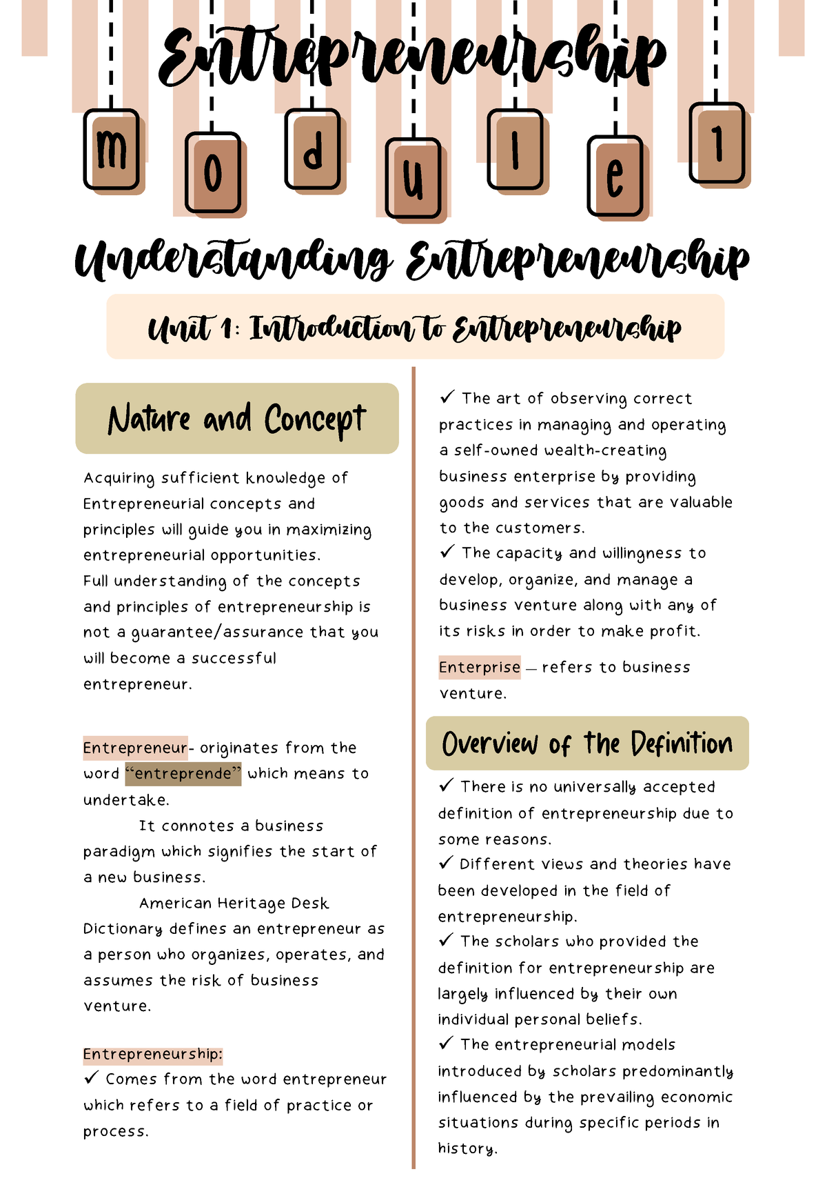 Entrepreneurship - Notes For Module 1 - M O E D 1 U L Entrepreneurship ...