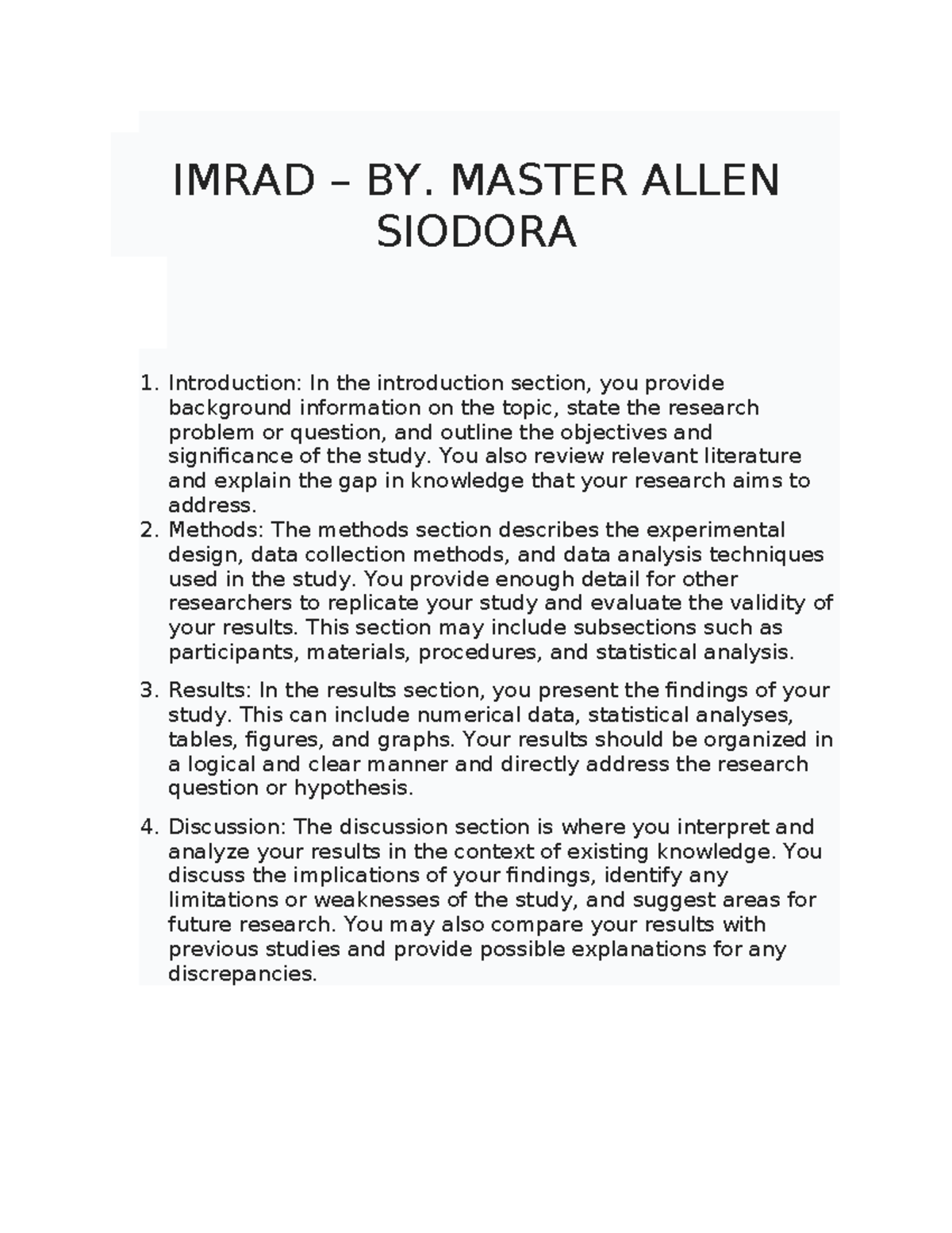 Imrad FOR Statss - NICE - IMRAD – BY. MASTER ALLEN SIODORA 1 ...