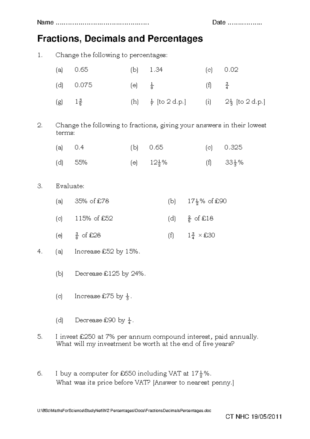 Fractions Decimals Percentages Worksheet 1 Week 2 - Name - Studocu