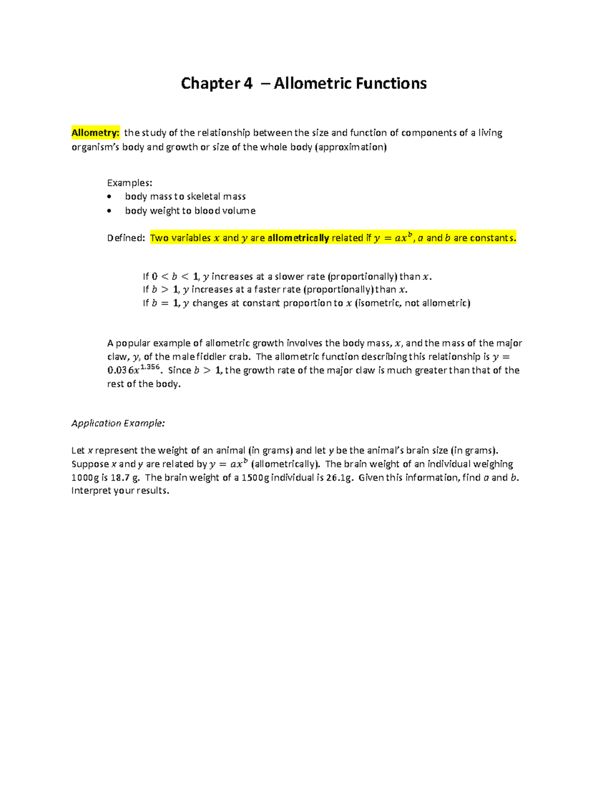 Module 1 Topic 3 & 4 Notes; Chapter 4 Allometric and Semi-Log & Log-Log ...