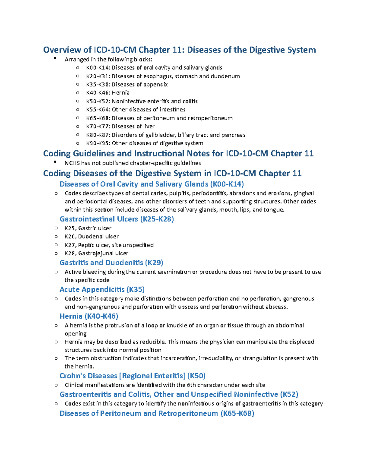 Chapter 14 (K00K95) Diseases of the Digestive System Overview of ICD