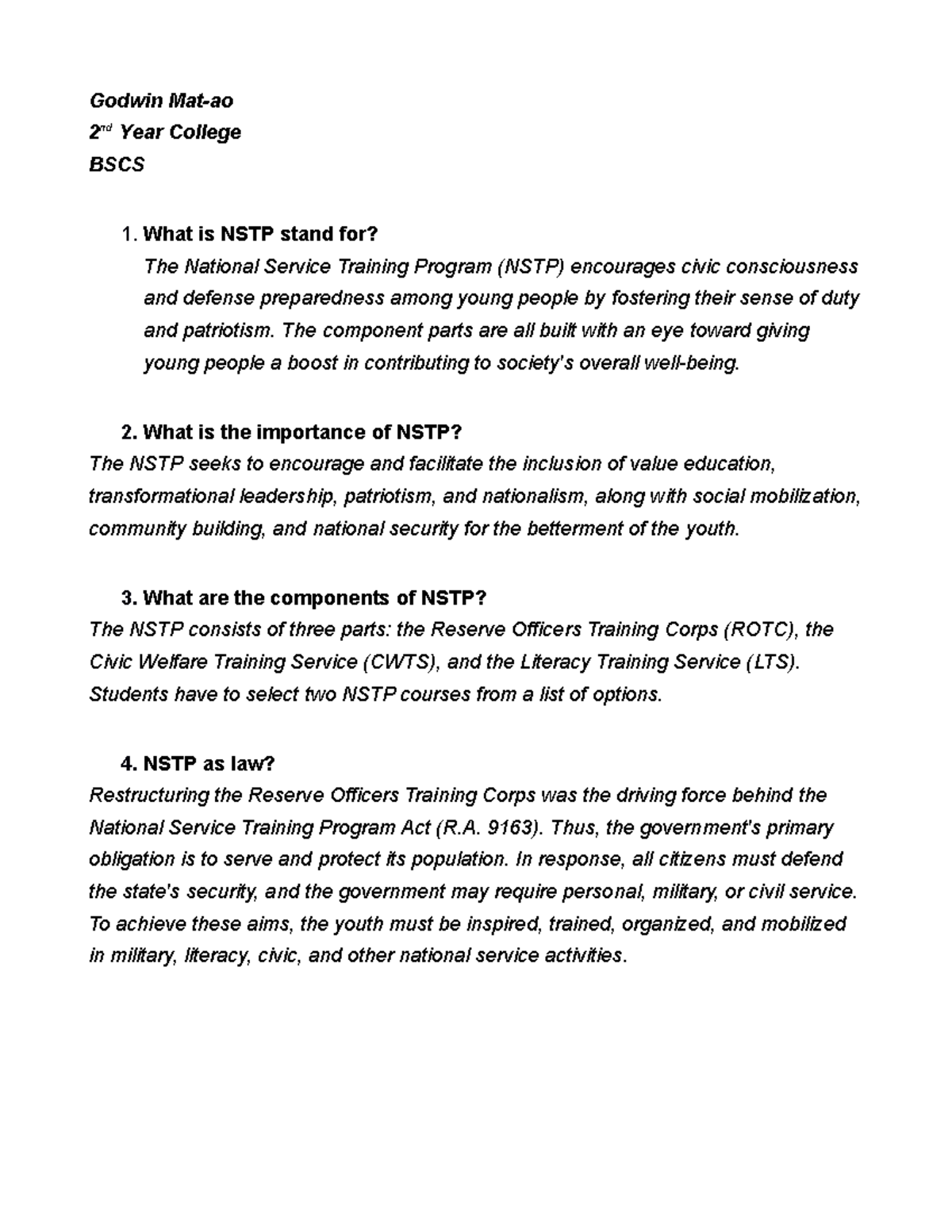 Prelim Quiz 1 Godwin Matao 2 nd Year College BSCS What is NSTP stand