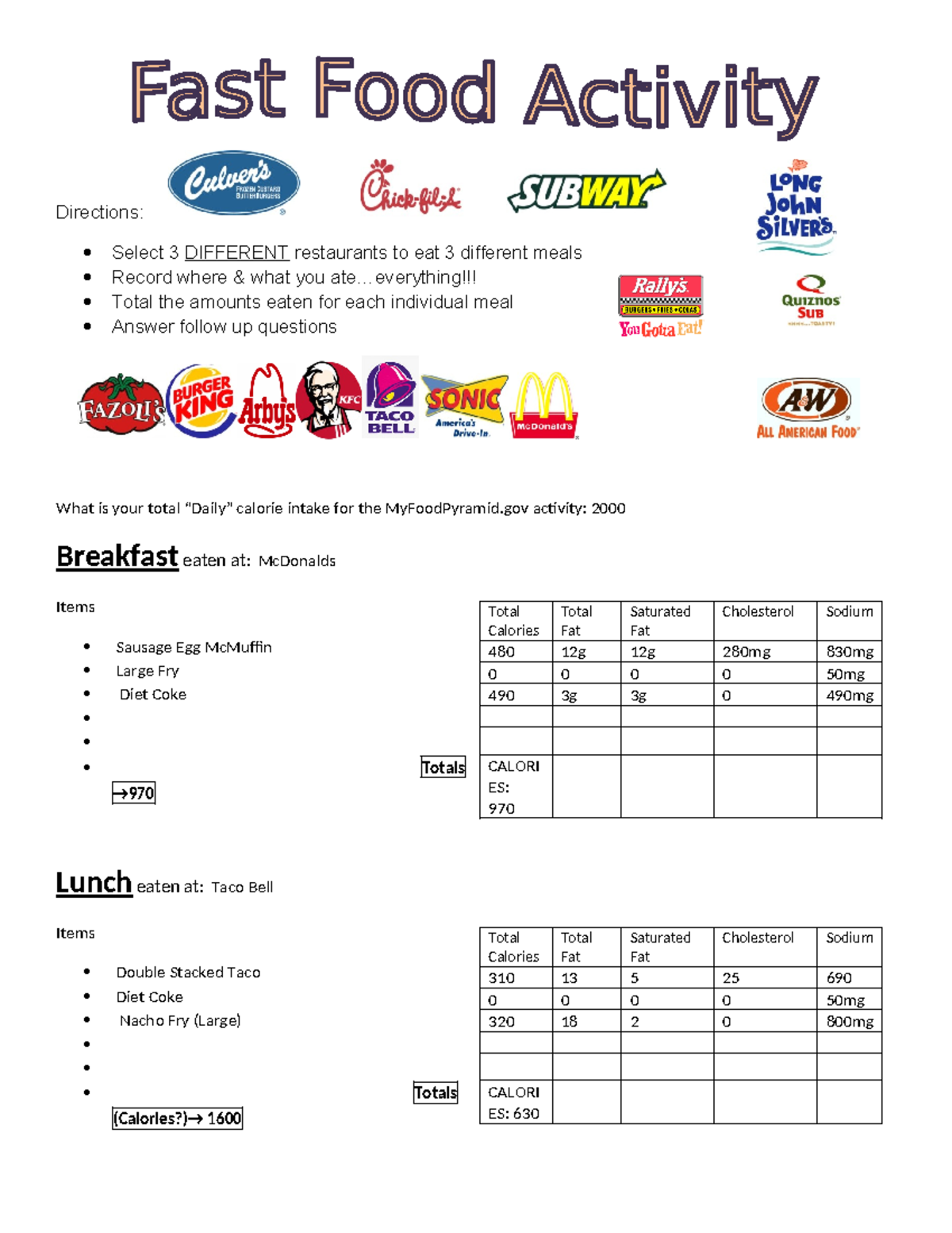 FAST FOOD Activity - AAAAAD - Directions: Select 3 DIFFERENT ...