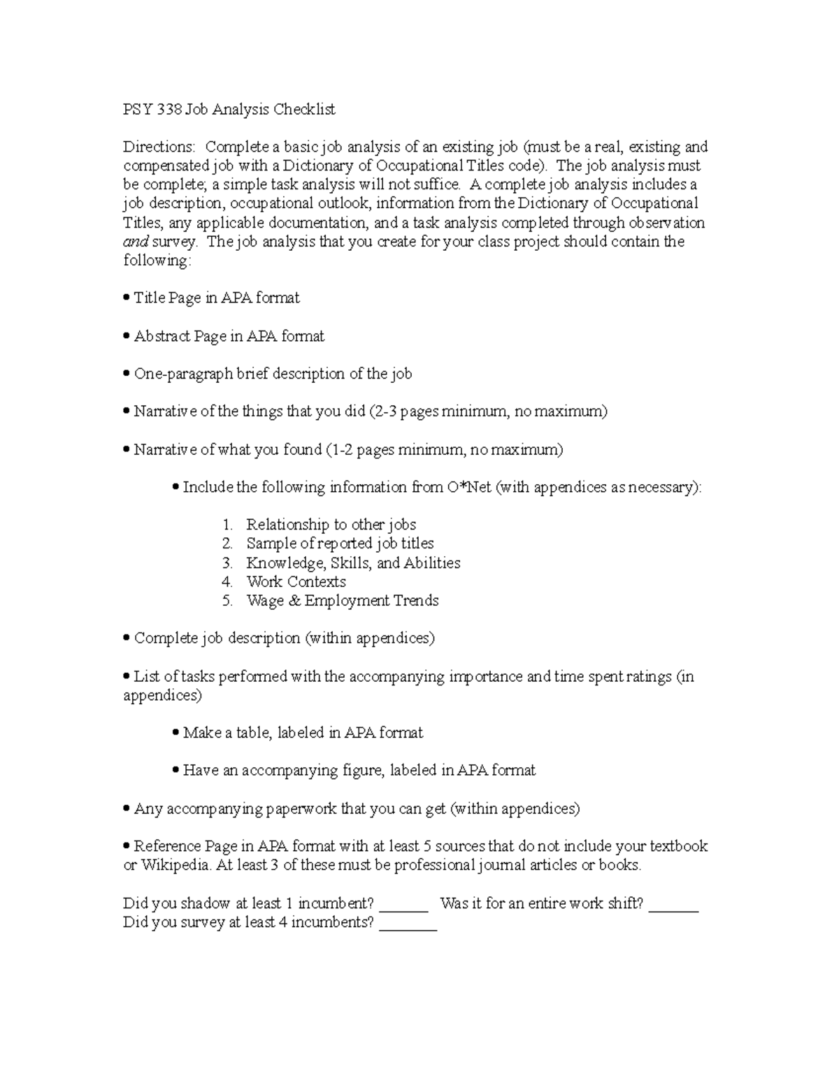 Job Analysis Checklist - PSY 338 Job Analysis Checklist Directions ...