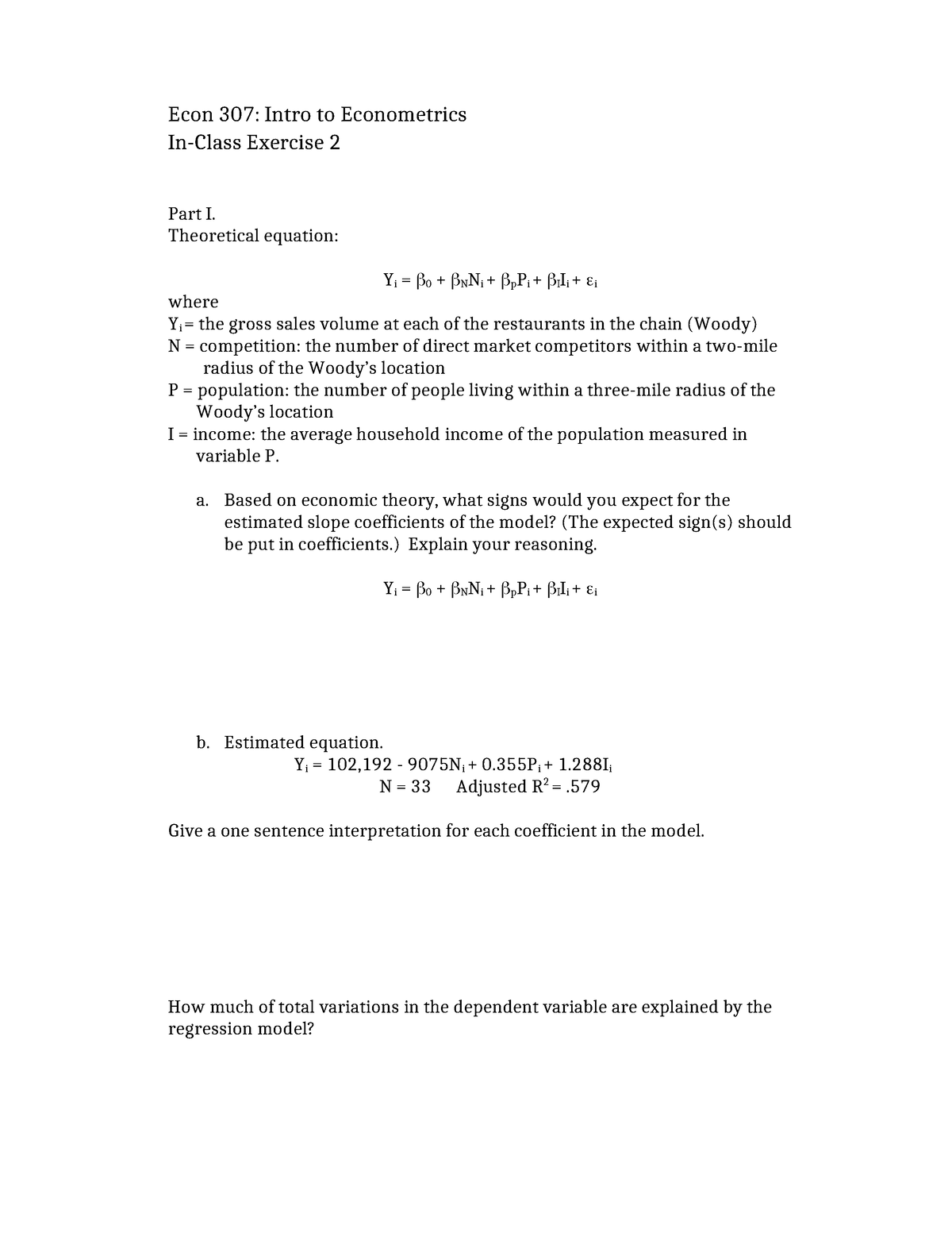 Econ 307 Ex 2 Econometrics Practice Econ 307 Intro To Econometrics In Class Exercise 2 4934