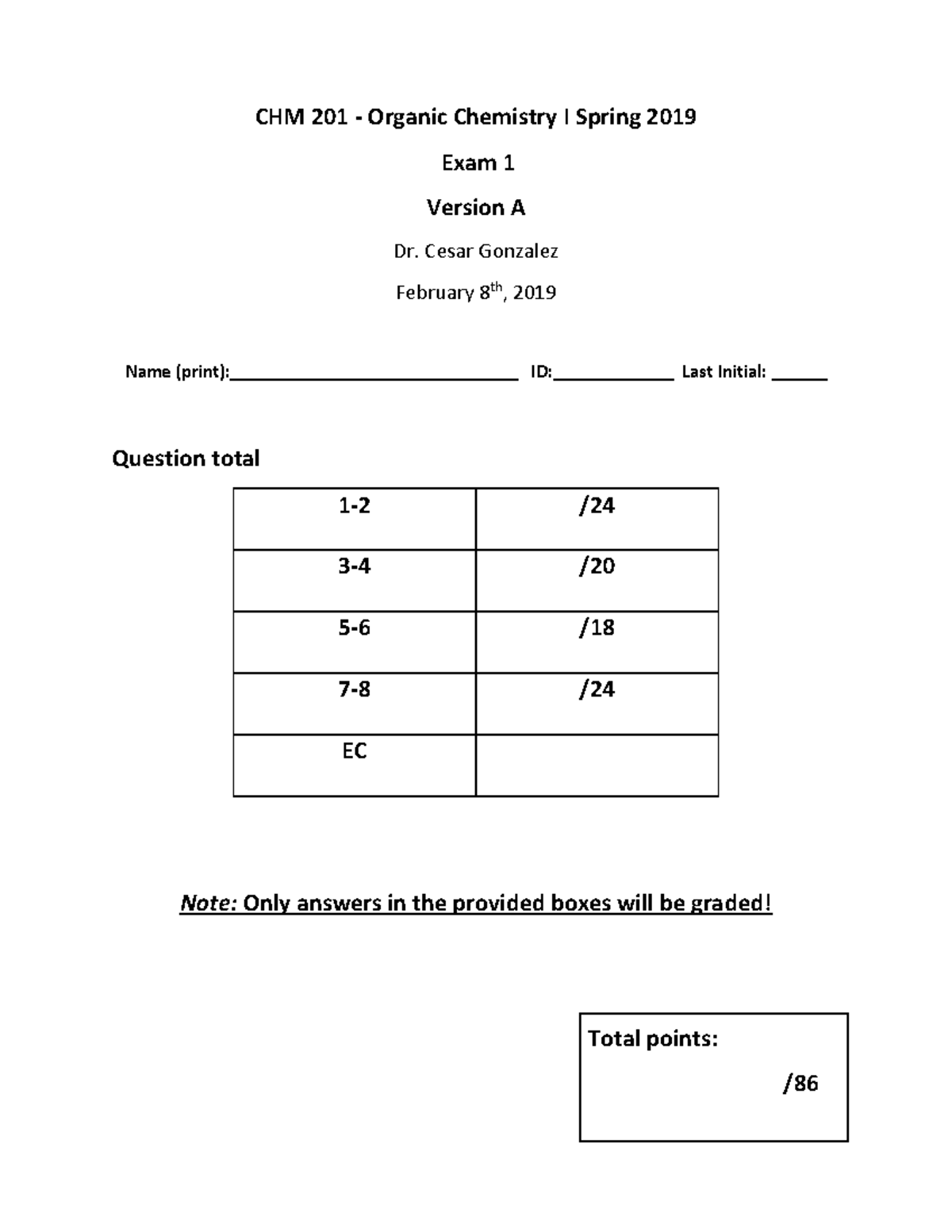 CHM 201 Spring 2019 Exam 1 VA - CHM 2 01 - Organic Chemistry I Spring ...