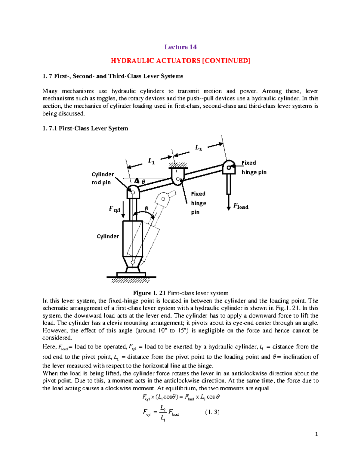 Lecture 14 Lecture 14 HYDRAULIC ACTUATORS [CONTINUED] 1. 7 First