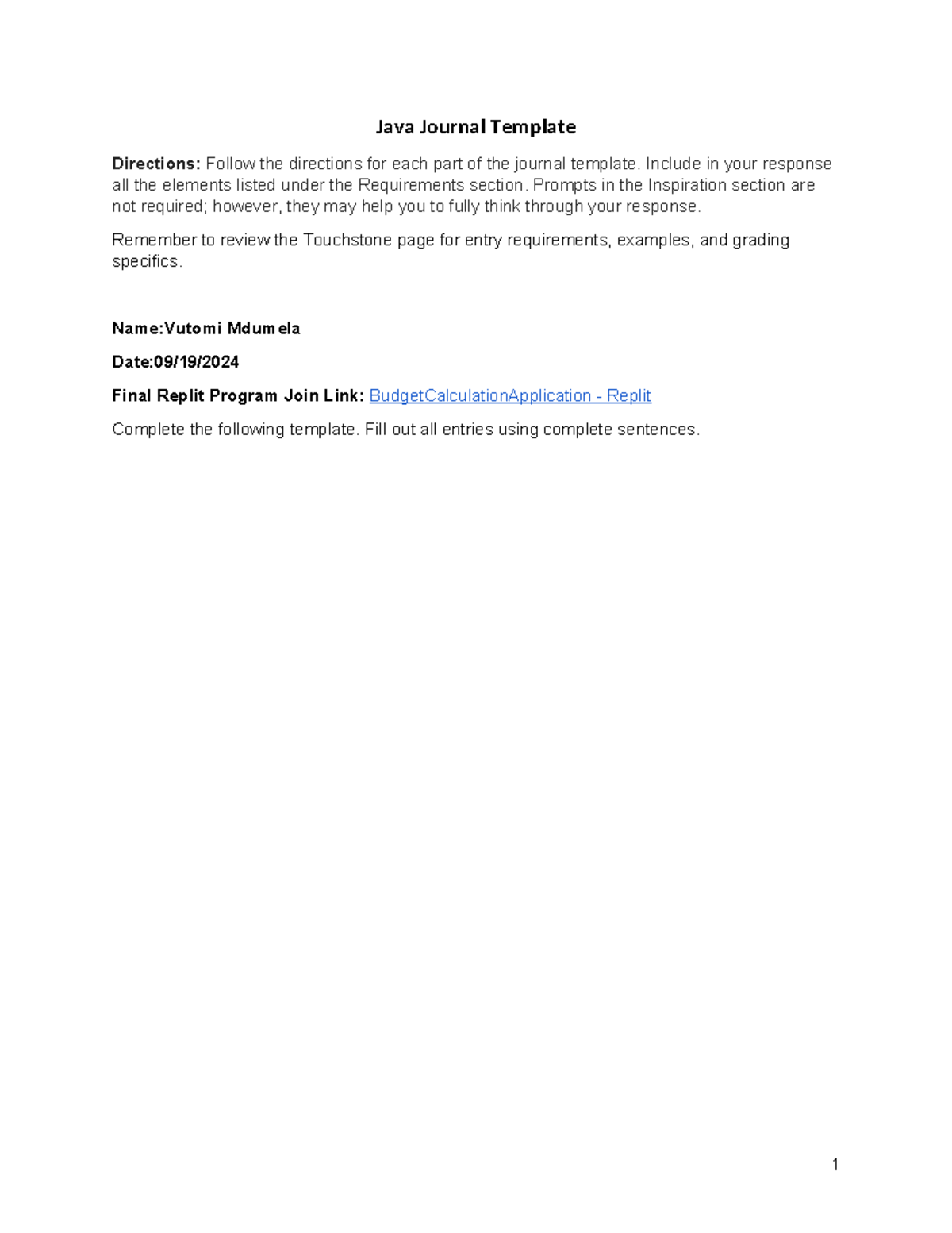 Touchstone JAVA Journal Template (1) - Java Journal Template Directions ...
