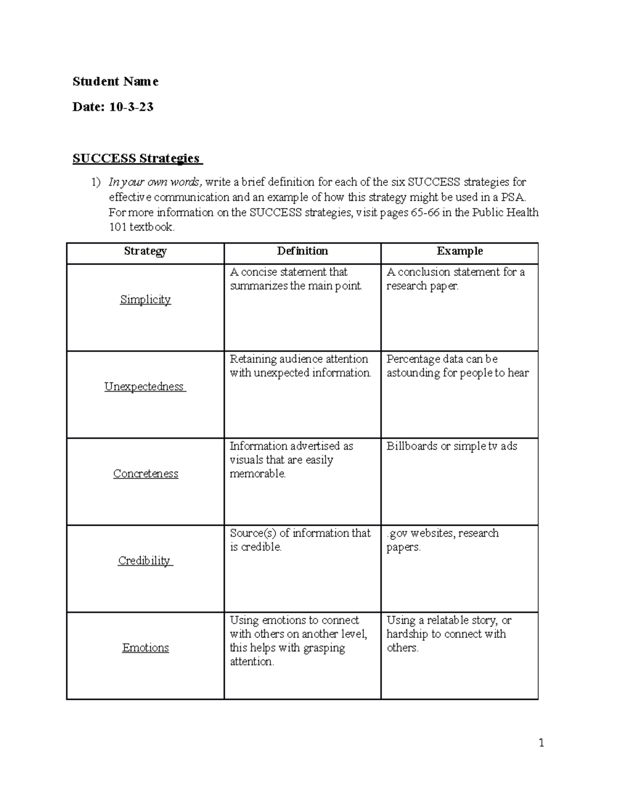 Success Worksheet - Student Name Date: 10-3- SUCCESS Strategies 1) In ...