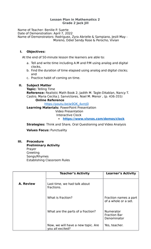 Lesson Plan in Math 8 Angles Formed by Parallel Lines cut by a ...