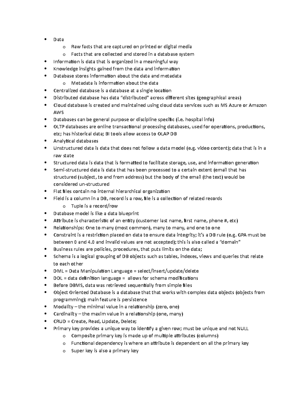 Study Guide - Data o Raw facts that are captured on printed or digital ...