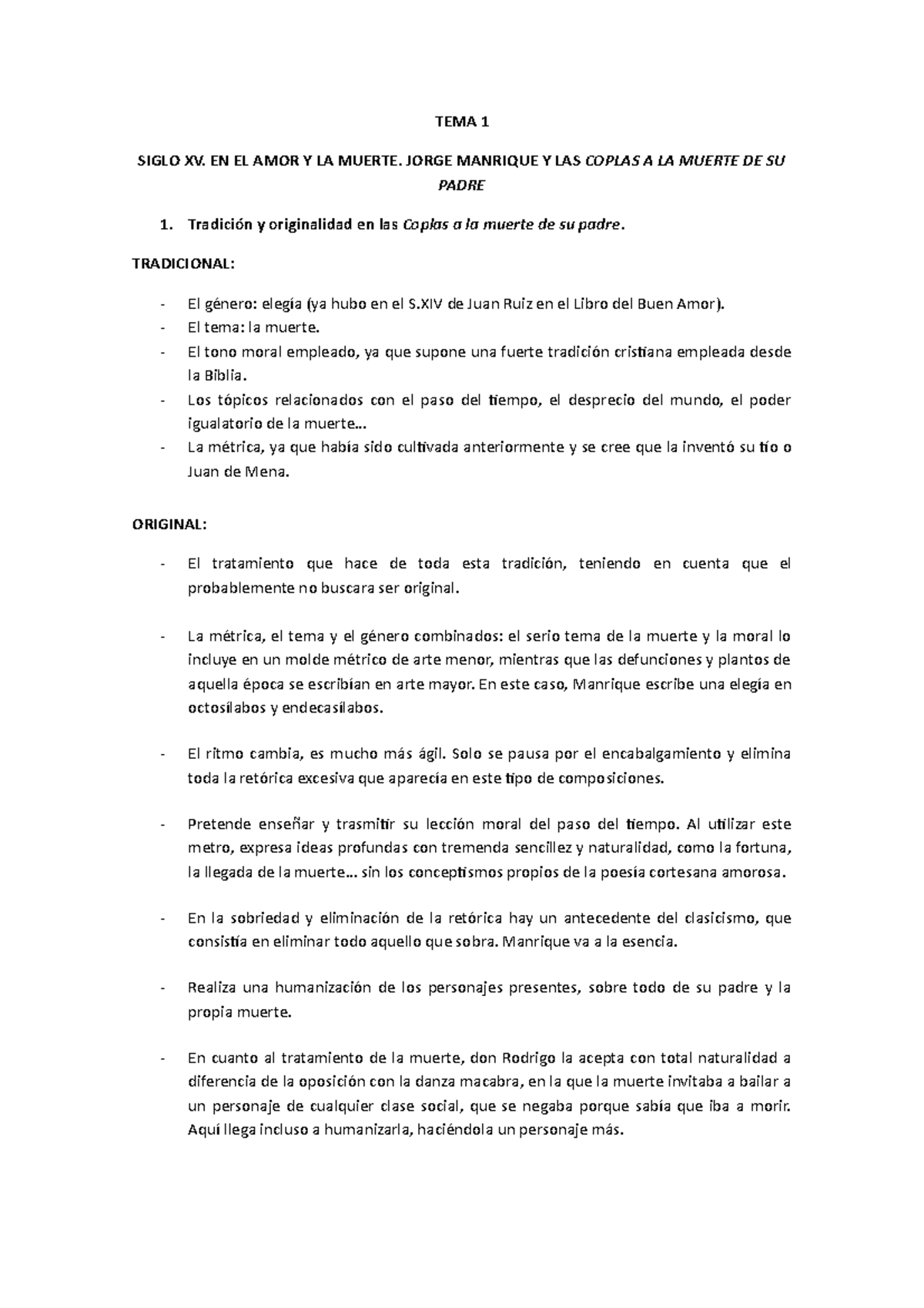 TEMA 1 Oficial - Apuntes 1 - TEMA 1 SIGLO XV. EN EL AMOR Y LA MUERTE. JORGE  MANRIQUE Y LAS COPLAS A - Studocu