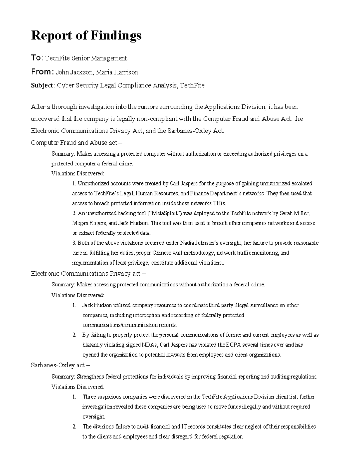 IHP4 Task 1 Legal Analysis Report - Report of Findings To: TechFite ...