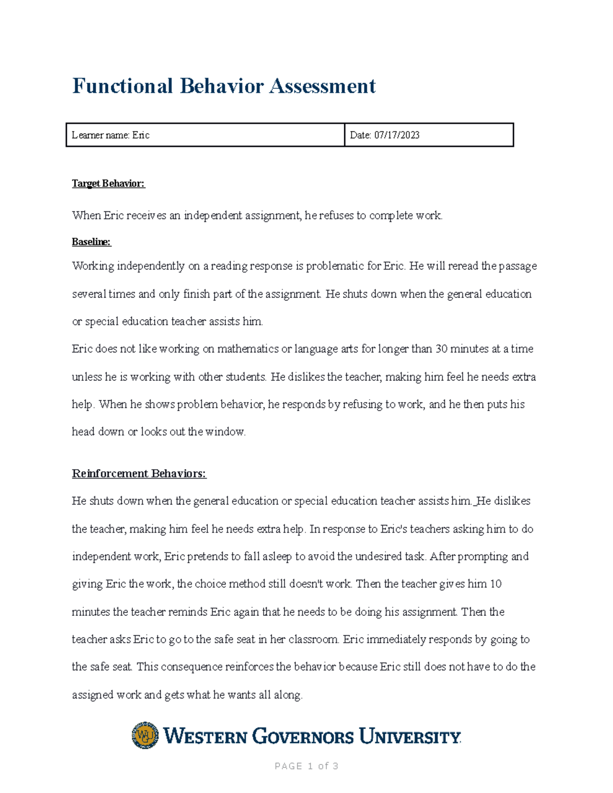 BIP Form Task 1 - A BIP plan for a given student. - Functional Behavior ...