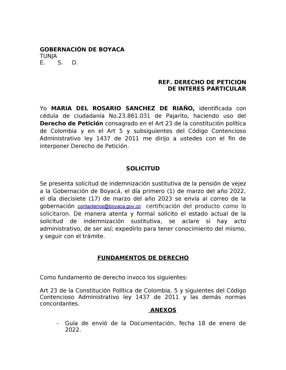 Derecho DE Peticion Indemnizacion Sustitutiva - GOBERNACIÓN DE BOYACA ...