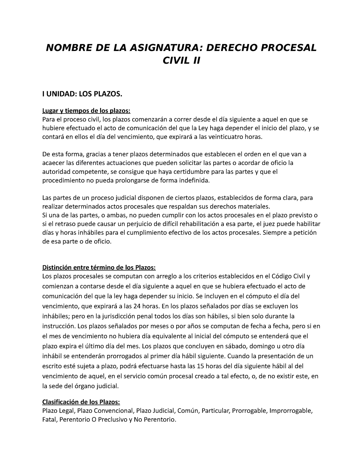 Deerecho Procesal Civil 2 - NOMBRE DE LA ASIGNATURA: DERECHO PROCESAL ...